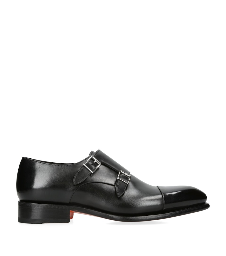 Santoni Leather Carter Double Monk Shoes Black