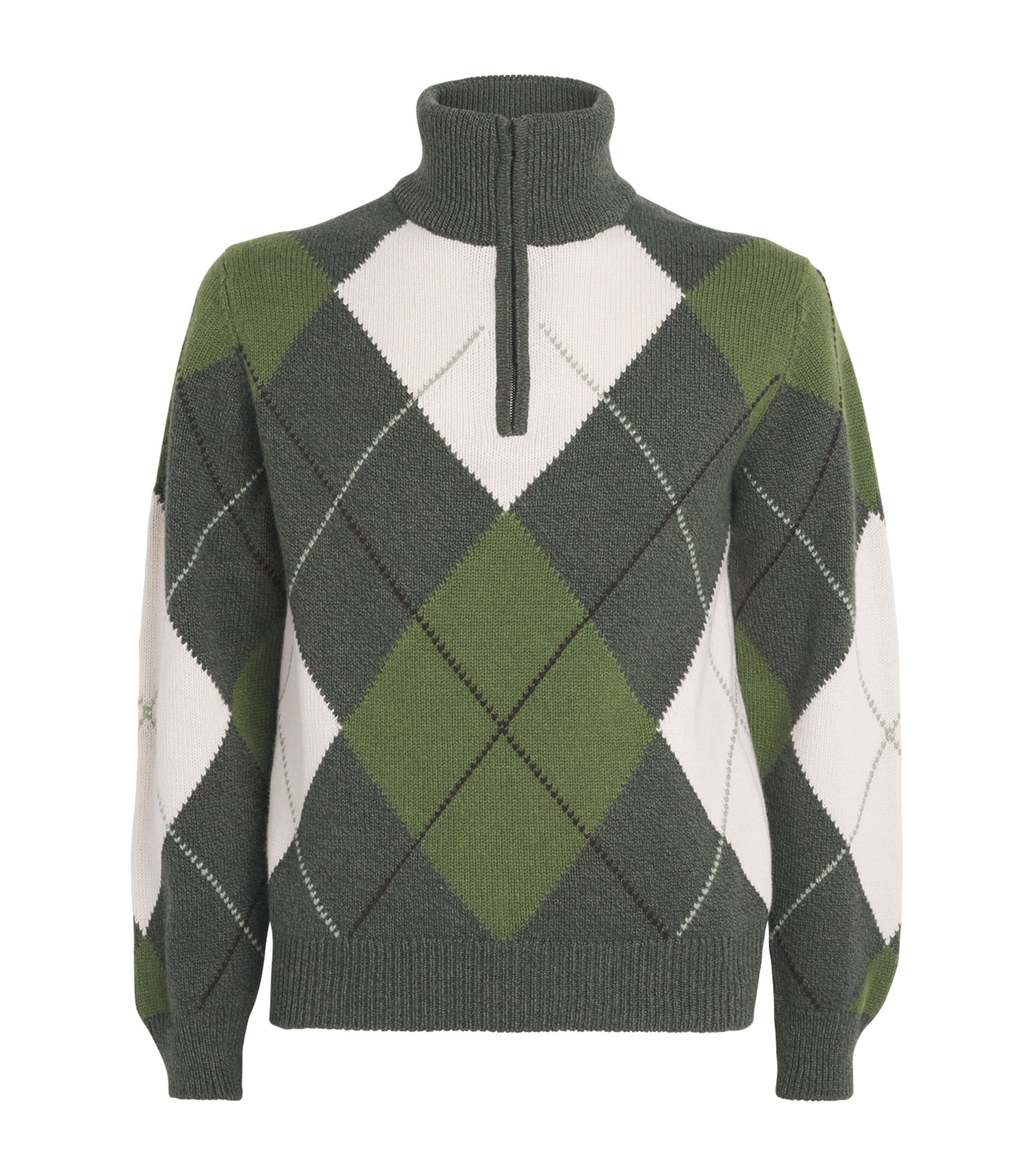 Purdey Mens Wool-Cashmere Strathmore Argyle Quarter-Zip Sweater Loden