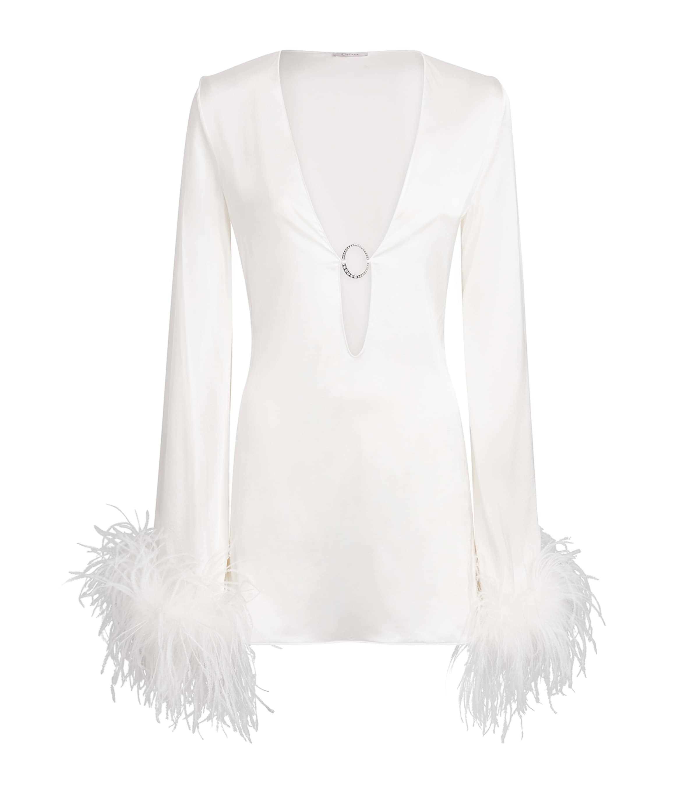 Oséree Womens Feather-Trim Kaftan Mini Dress Pearl