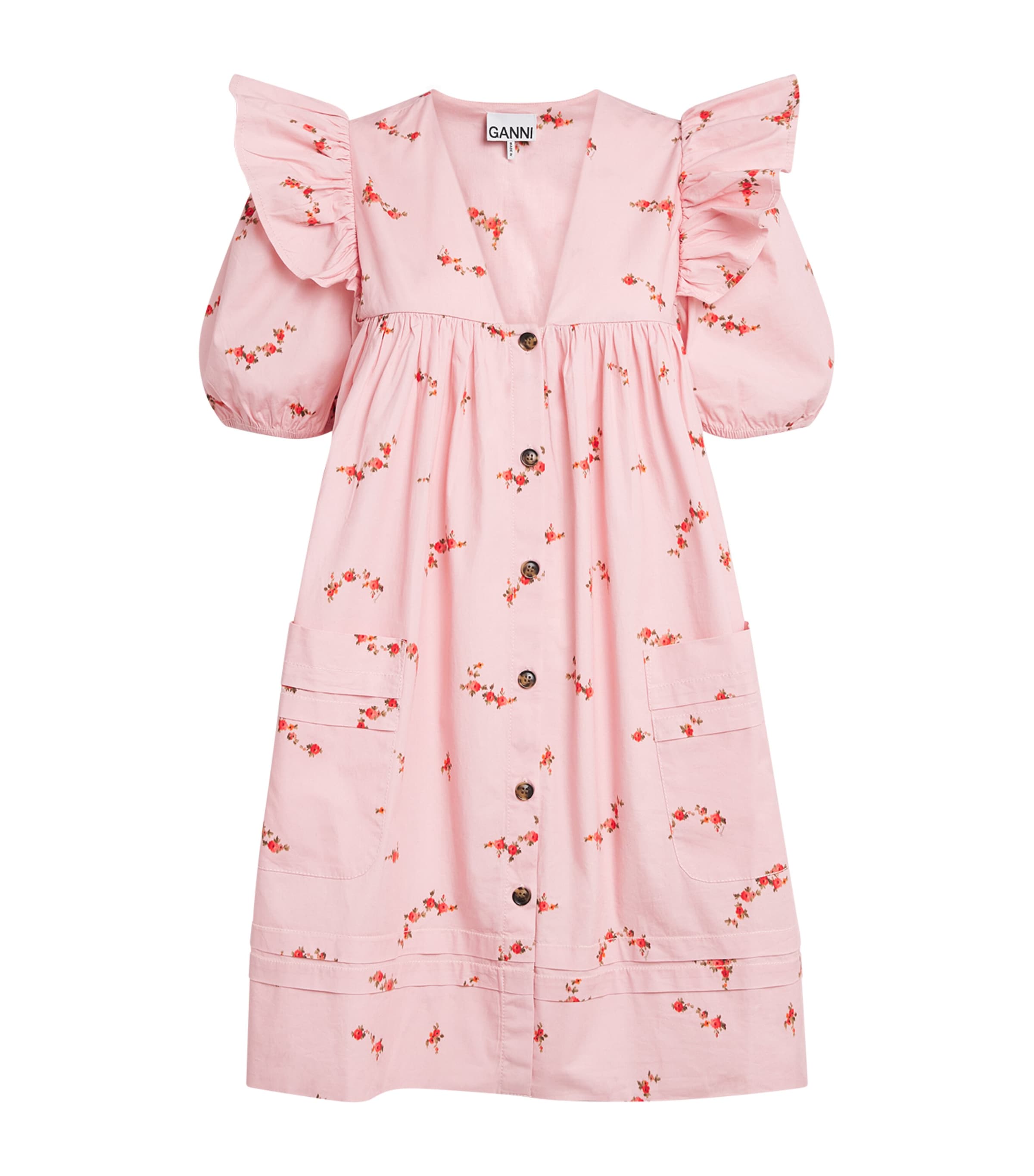 GANNI Womens Stretch-Cotton Floral Mini Dress Silver Pink