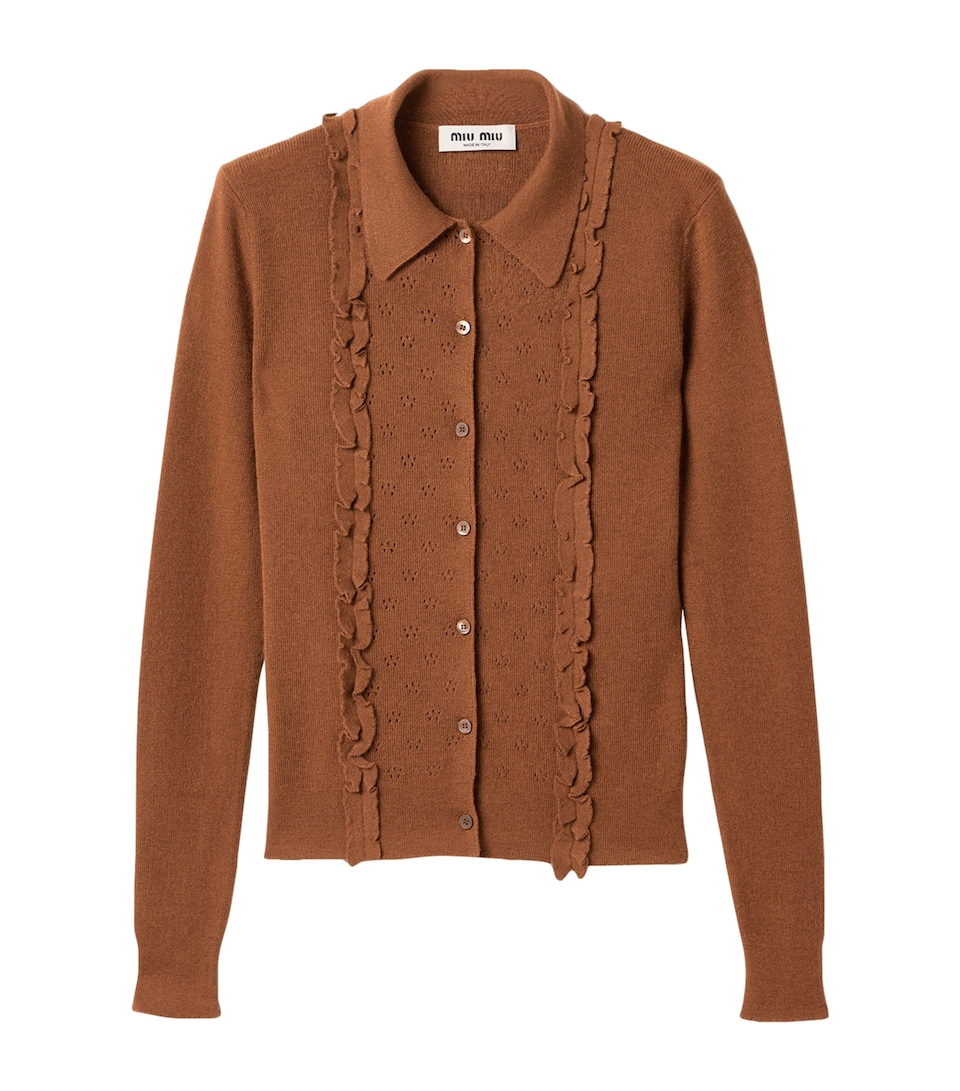 Miu Miu Womens Cashmere-Silk Ruffled Cardigan Brown