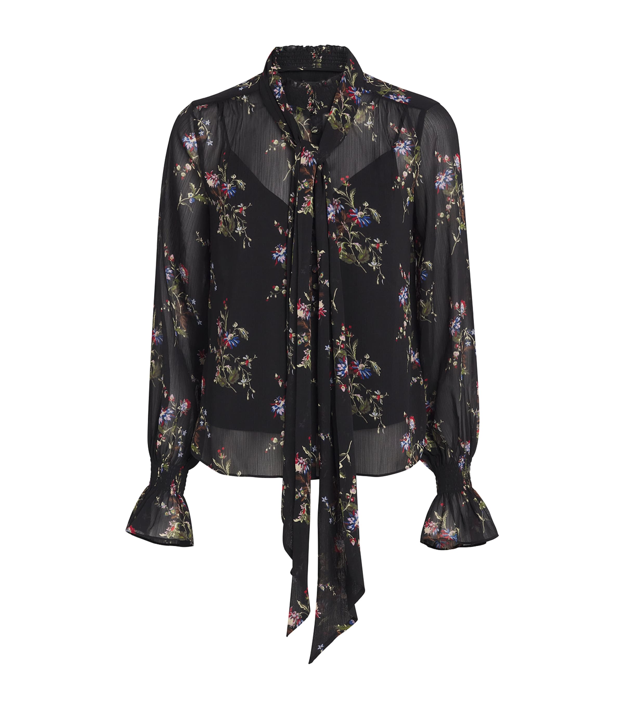 ME+EM Womens Georgette Floral Tie-Neck Blouse Black Multi