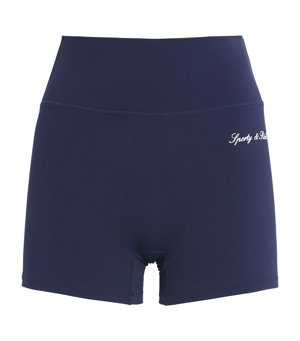 Sporty & Rich Womens Logo Serif Biker Shorts Dark Navy White