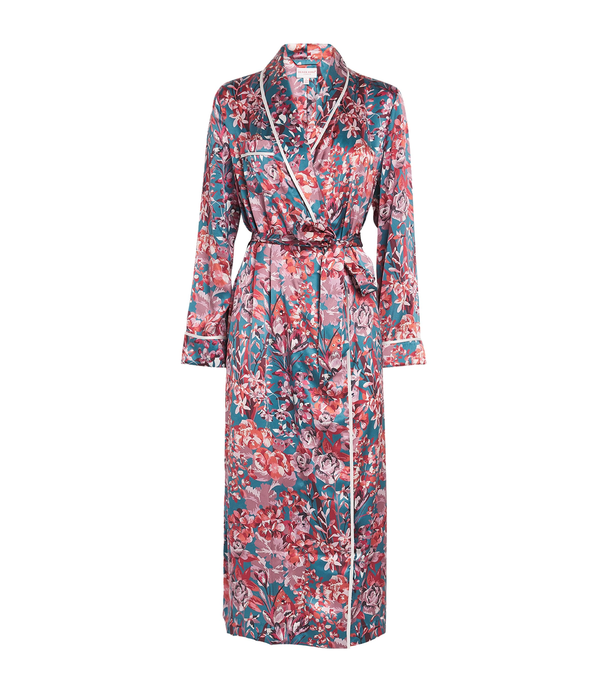 Derek Rose Womens Silk Floral Night Robe Teal