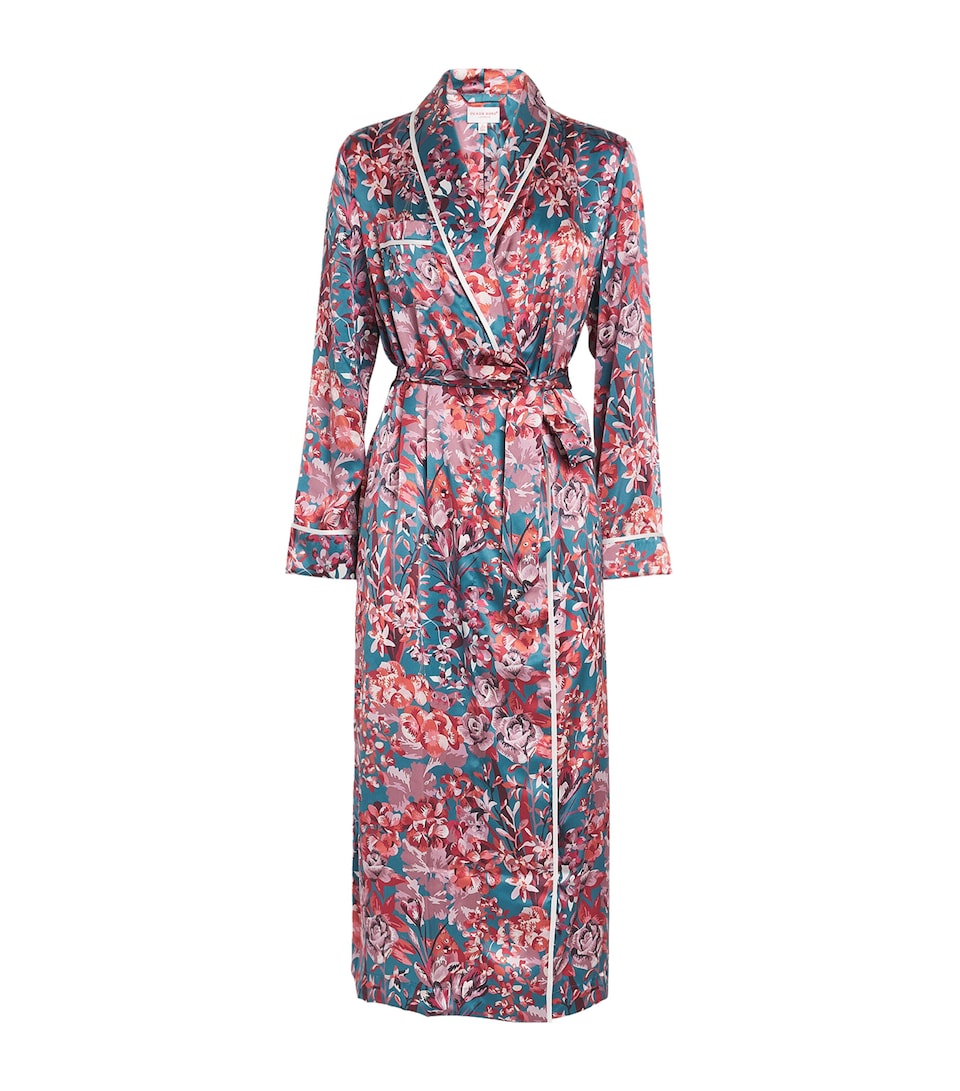 Derek Rose Womens Silk Floral Night Robe Teal