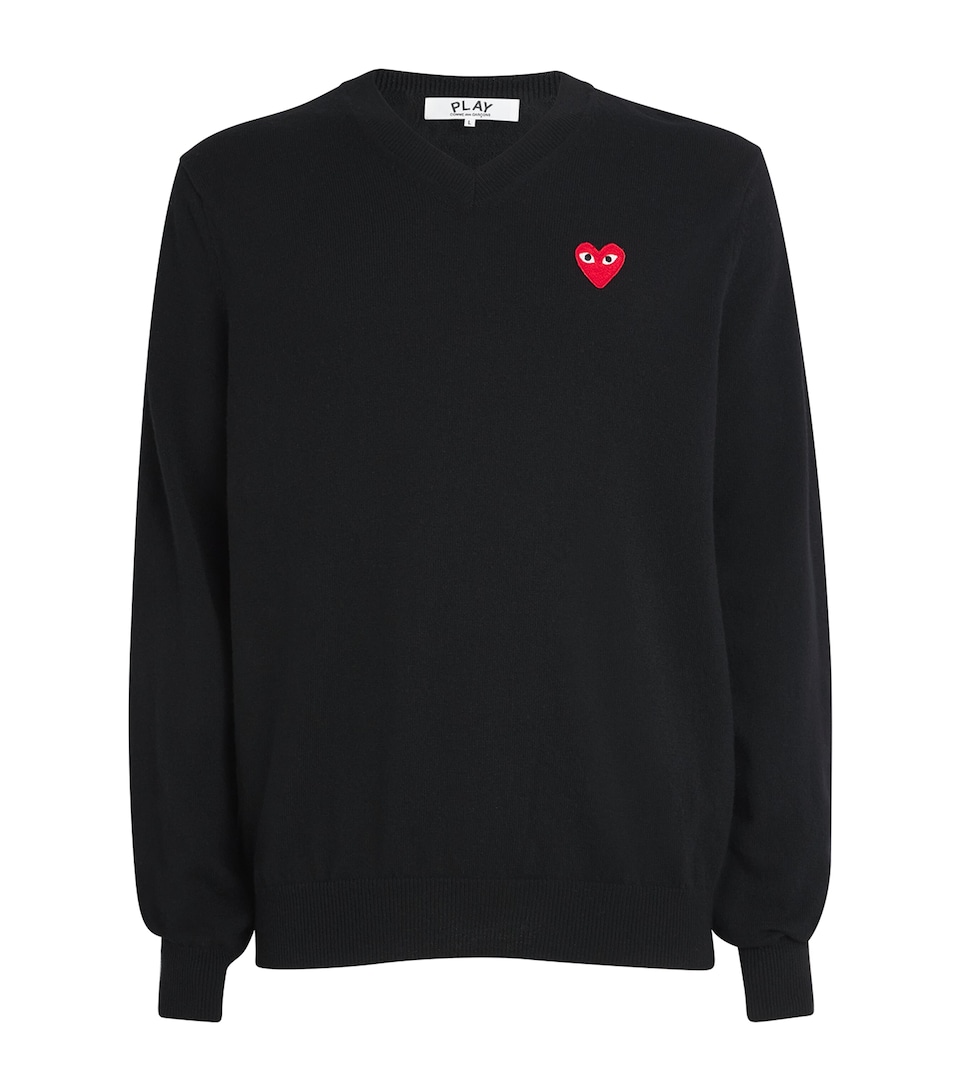 Comme Des Garçons Play Mens Wool V-Neck Heart Sweater Black