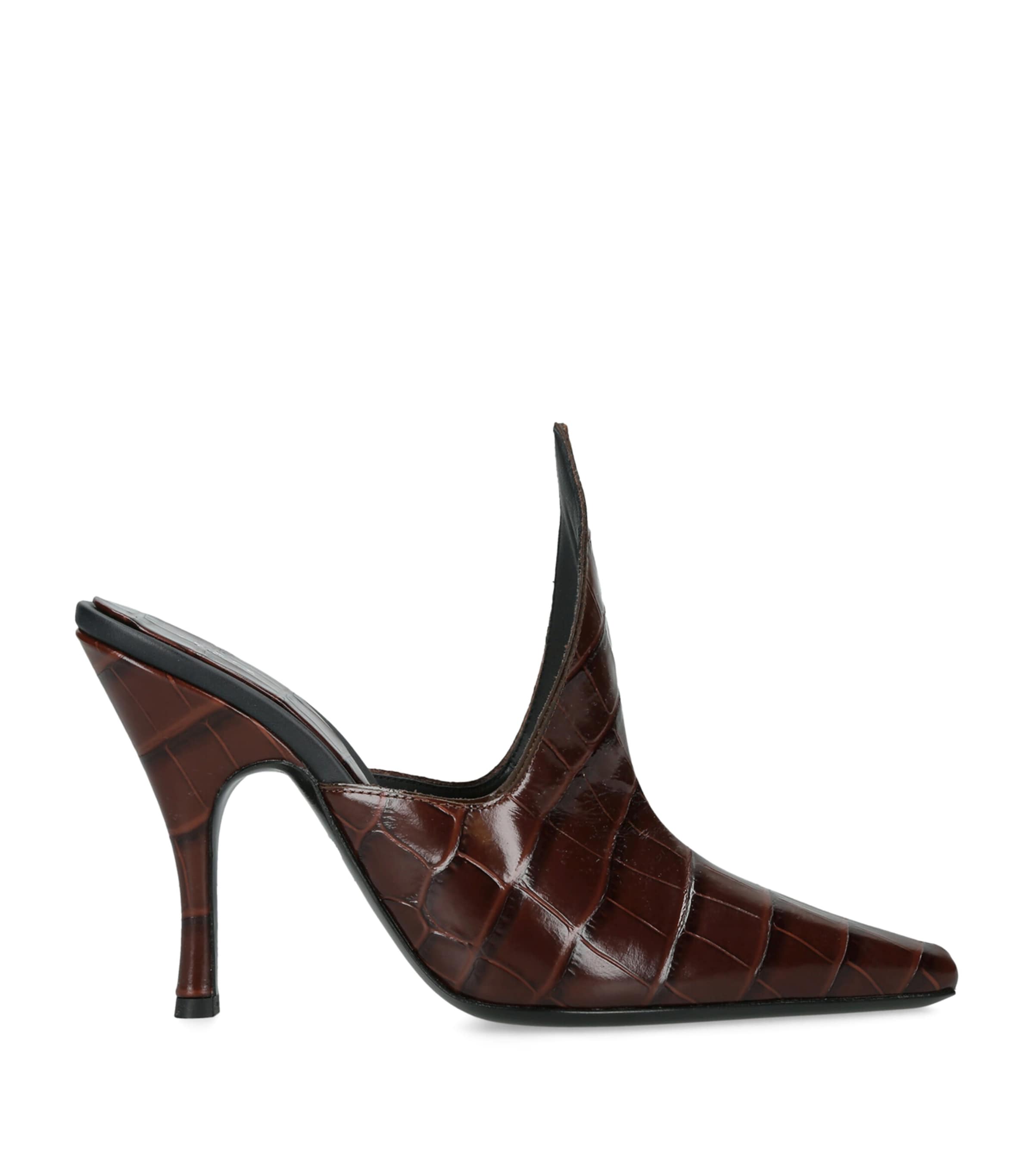 Alaïa Croc-Embossed Leather Sculptural Mules 100 Dark Brown