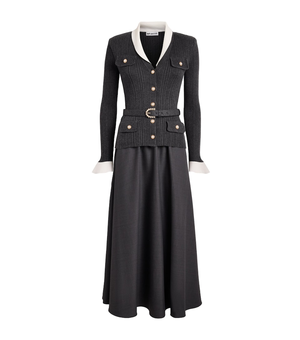 Self-Portrait Knit Twill Midi Dress Grey