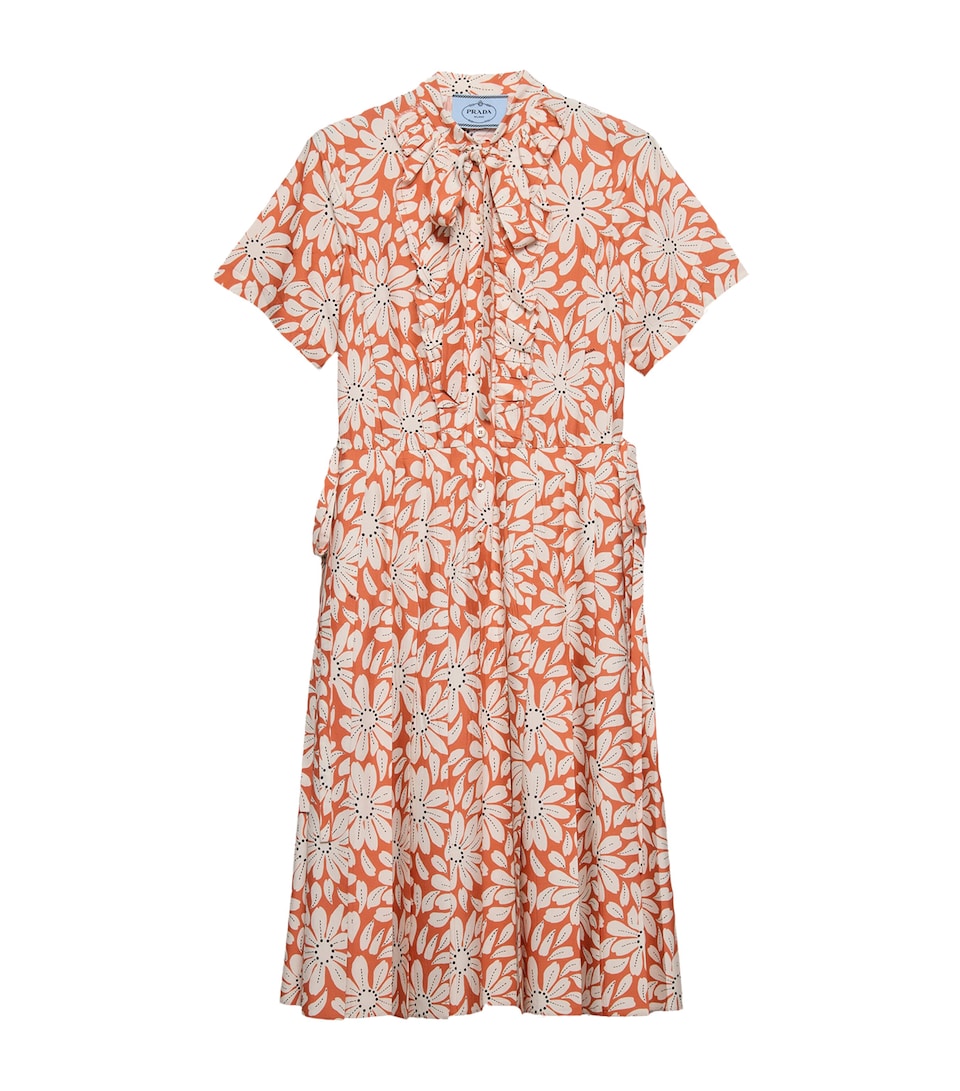 Prada Womens Pongé Pleated Midi Shirt Dress