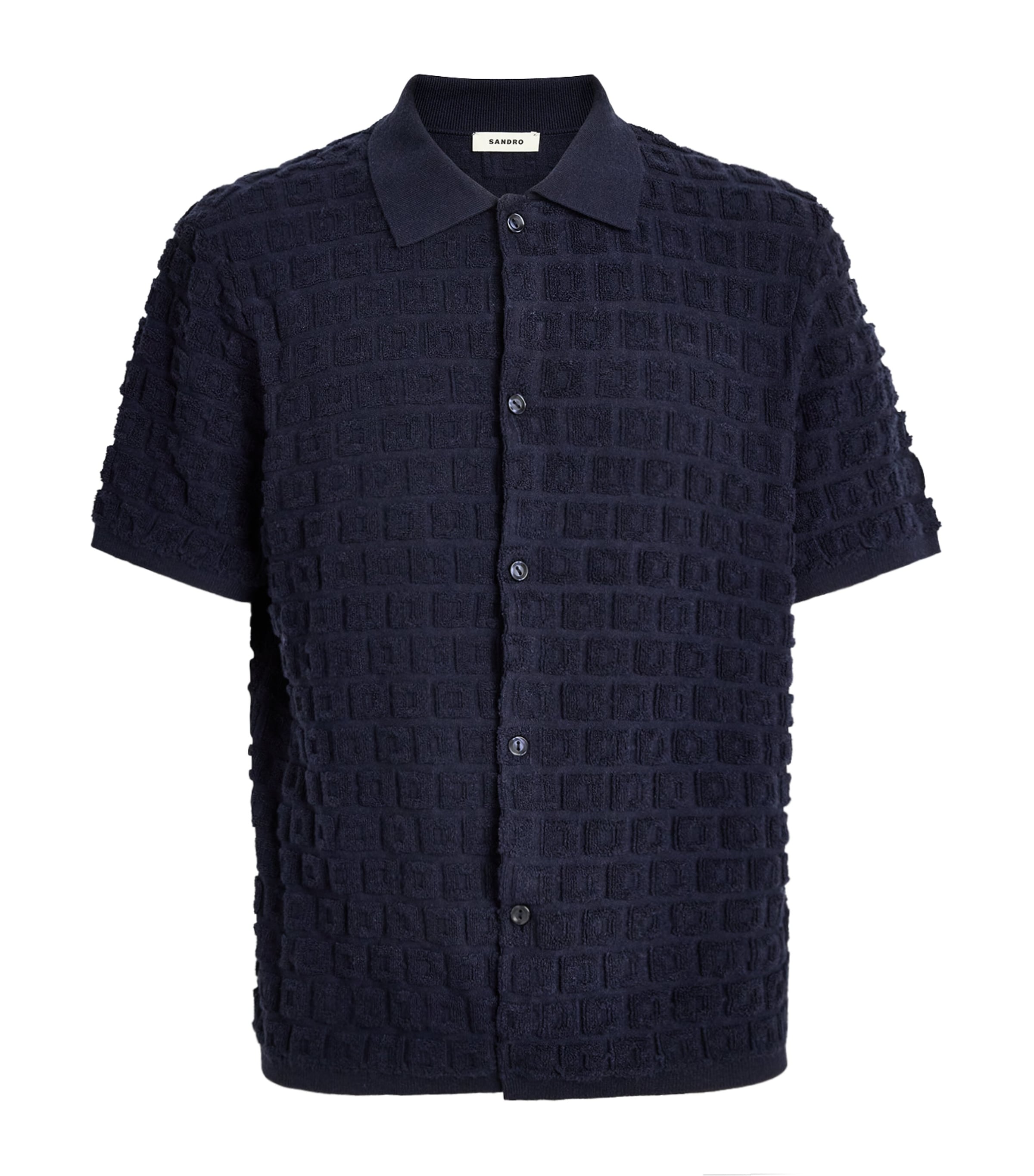 Sandro Paris Mens Terry Knit Jacqaurd Short-Sleeve Shirt Navy Blue