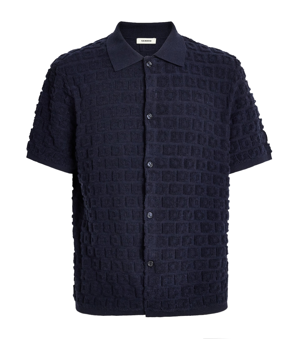 Sandro Paris Mens Terry Knit Jacqaurd Short-Sleeve Shirt Navy Blue