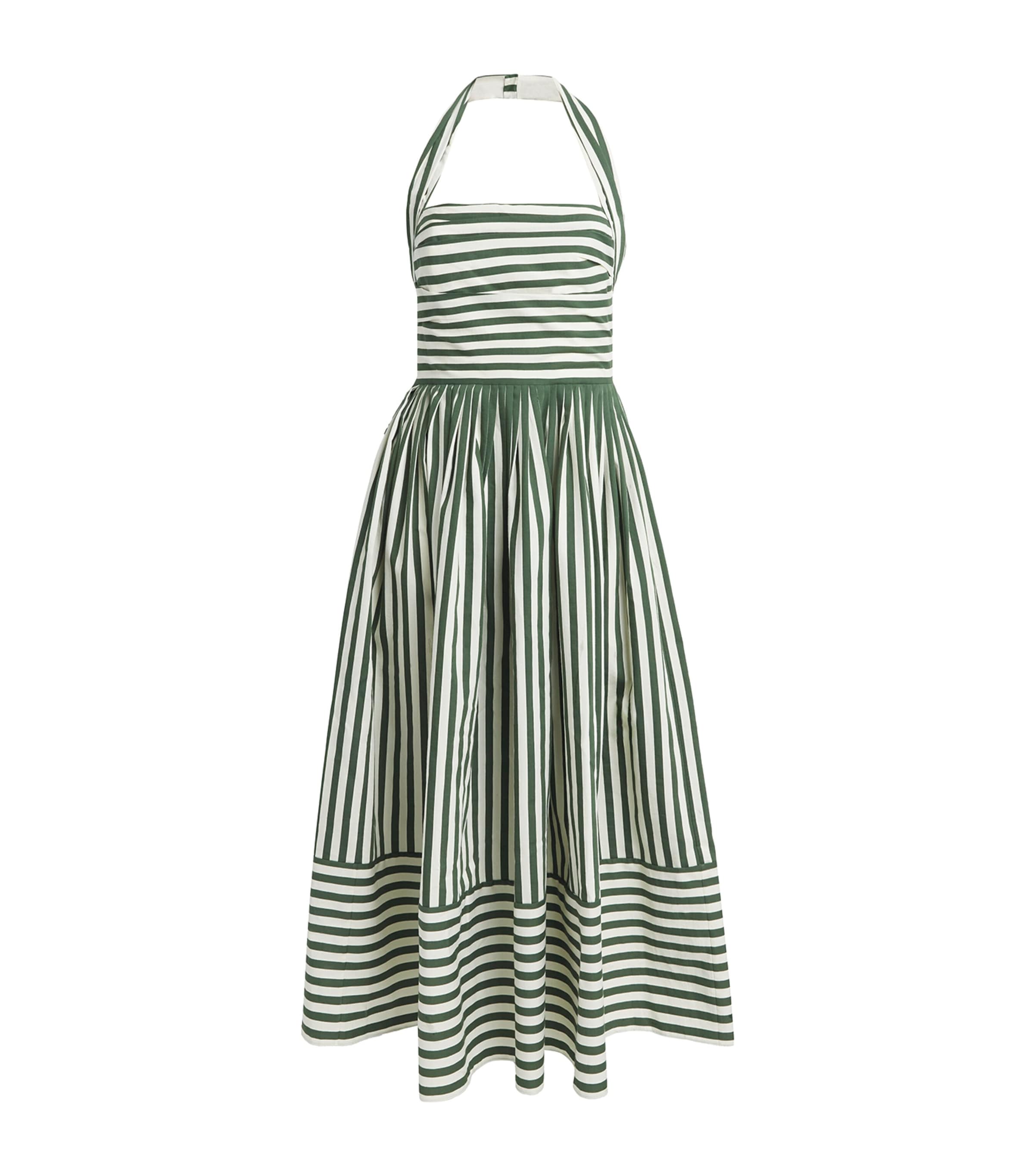Carolina Herrera Womens Cotton-Blend Stripe Halterneck Midi Dress Ivry Rcng Green