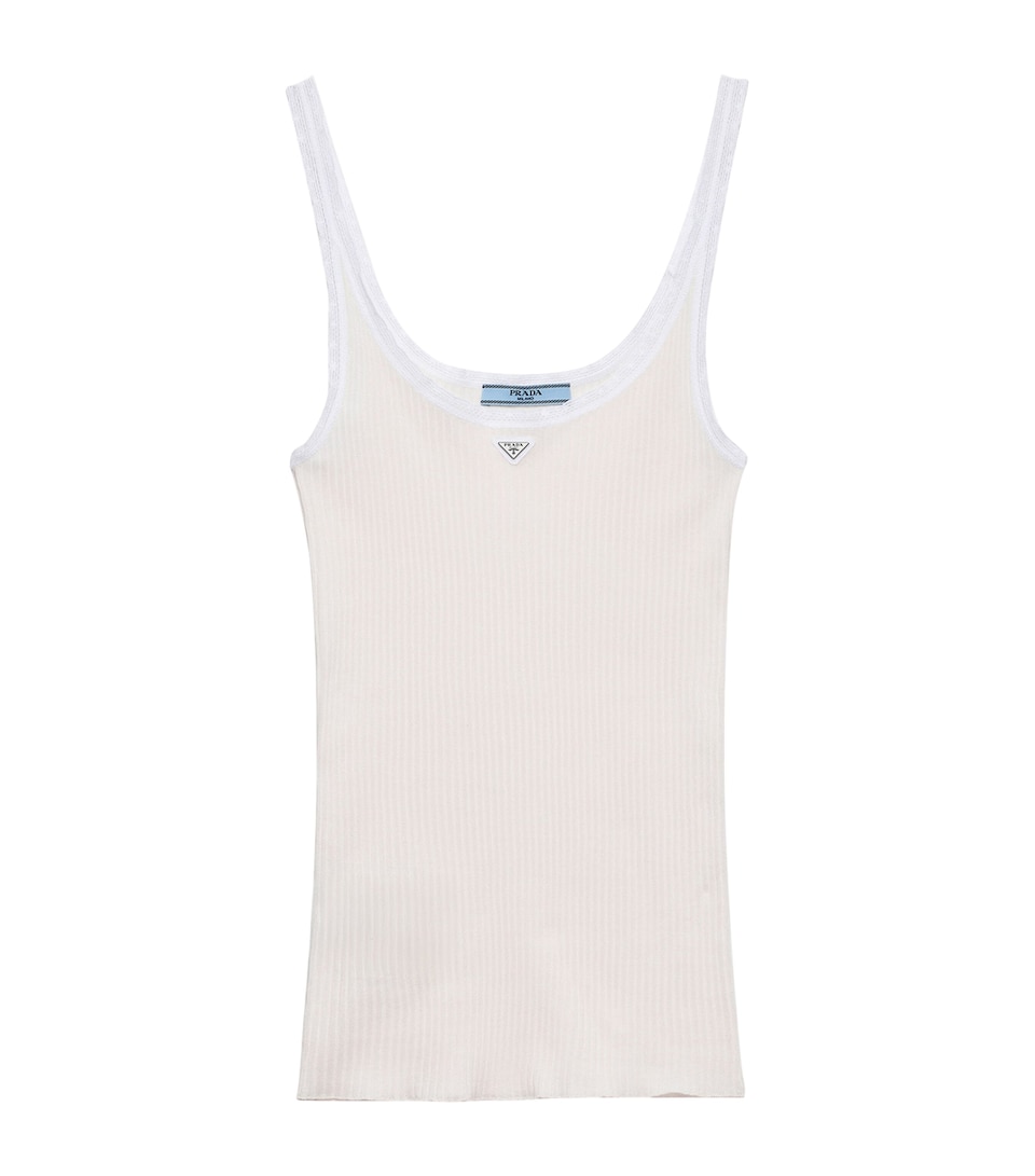 Prada Womens Cotton Ribbed Logo Tank Top White