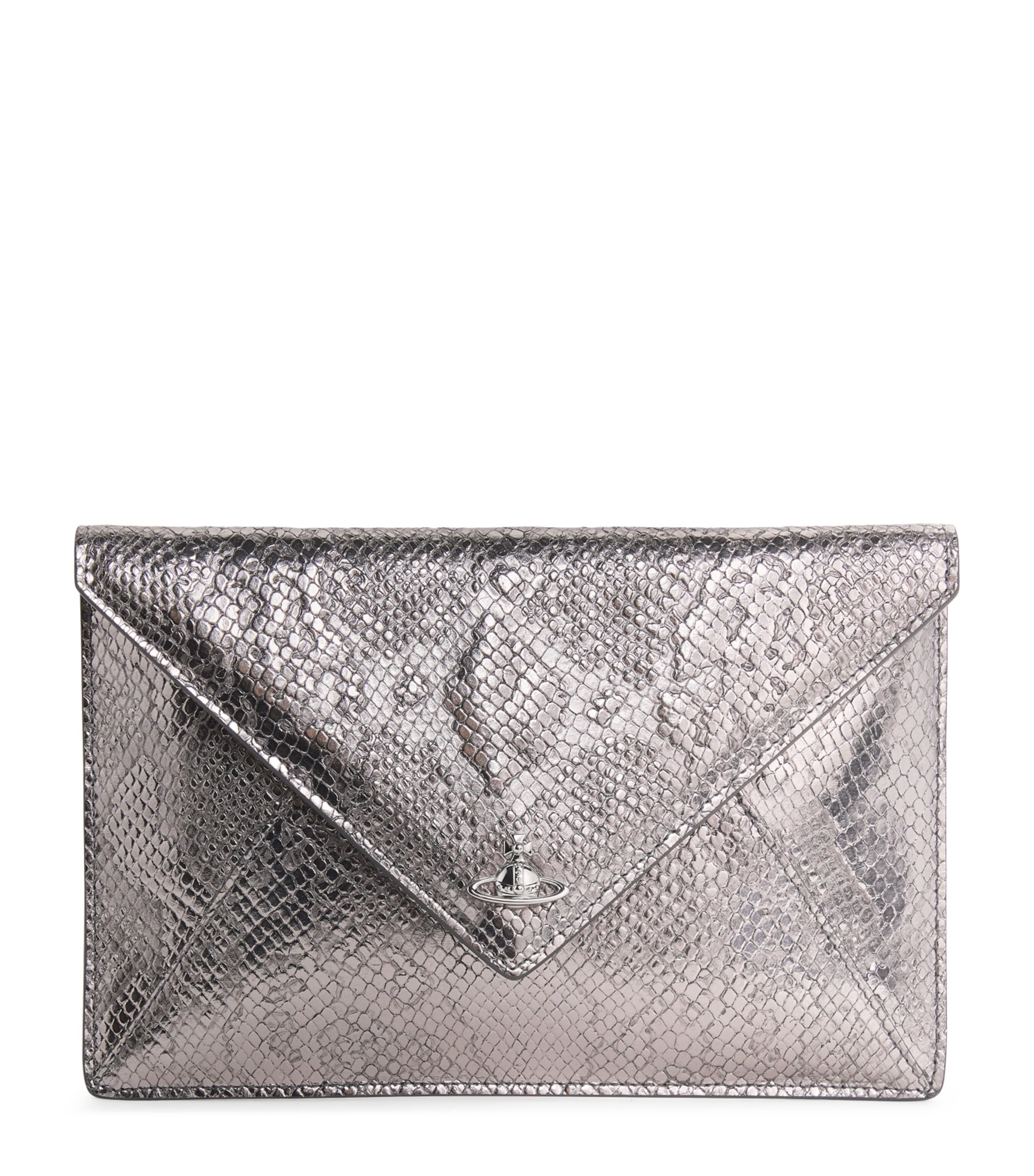 Croc-Embossed Leather Envelope Clutch Bag