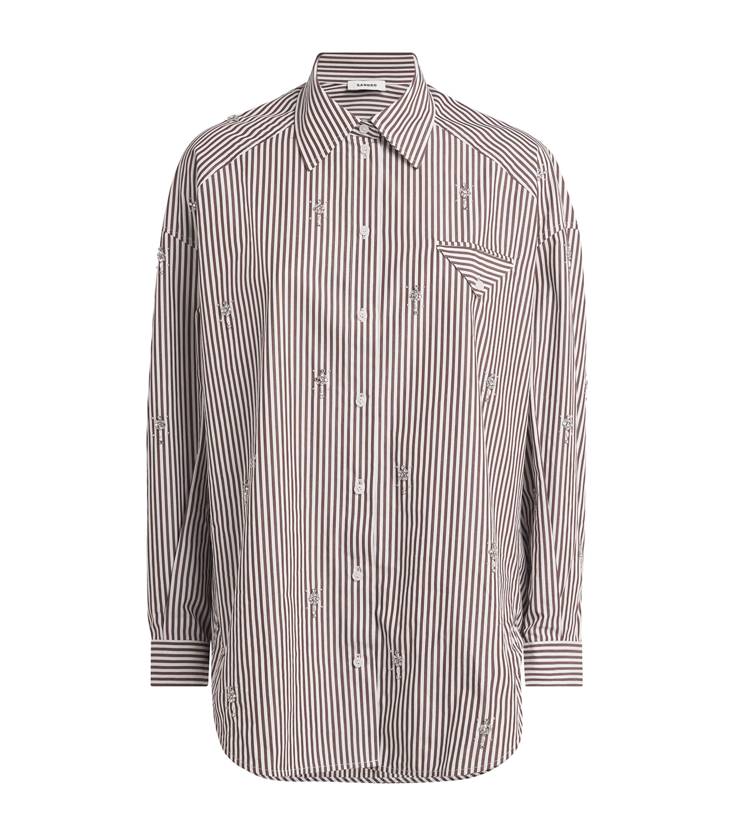 Sandro Paris Womens Cotton Stripe Embellished Shirt Brown