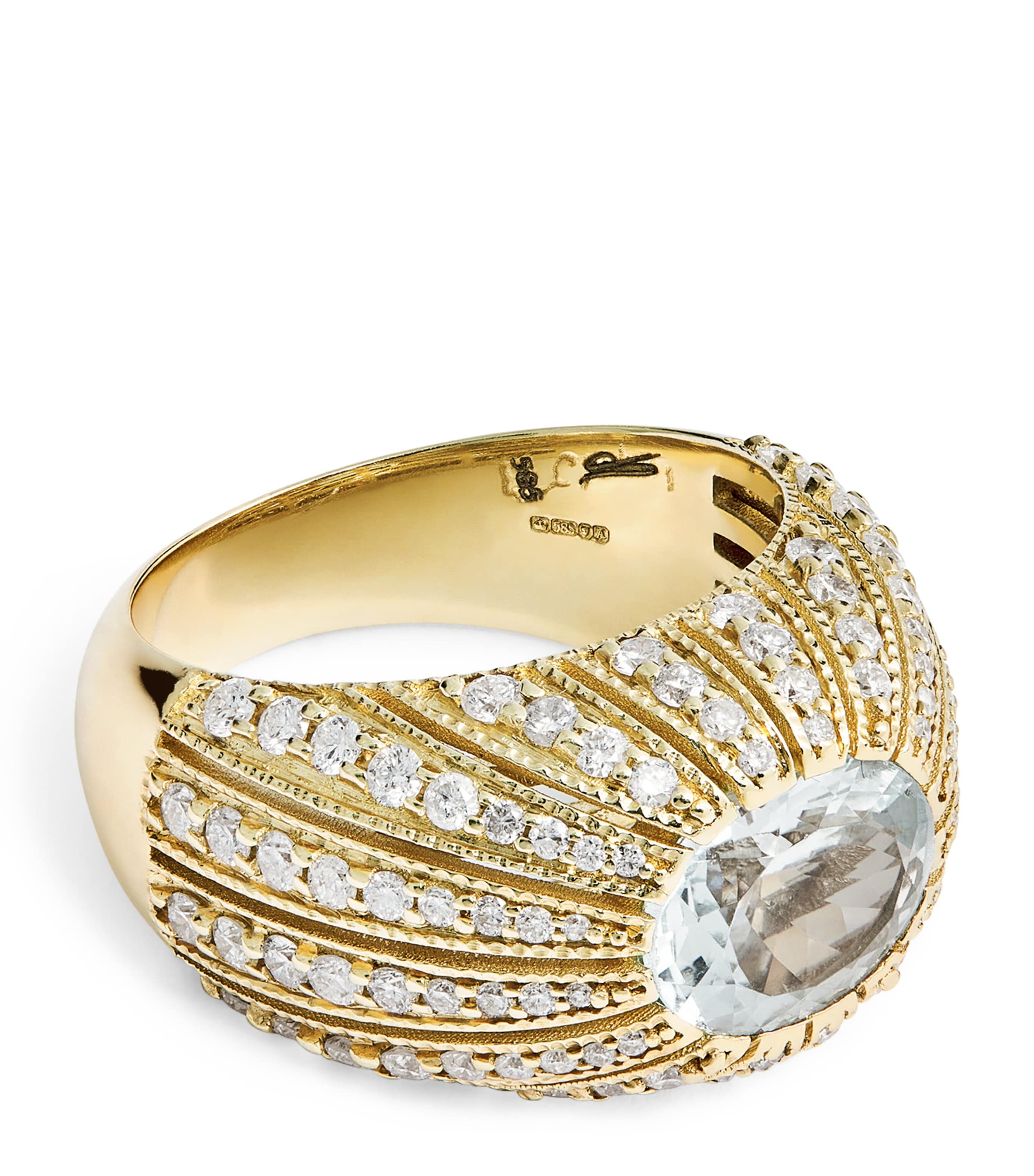 Large Yellow Gold, Diamond and Aquamarine Oval Dome Ring