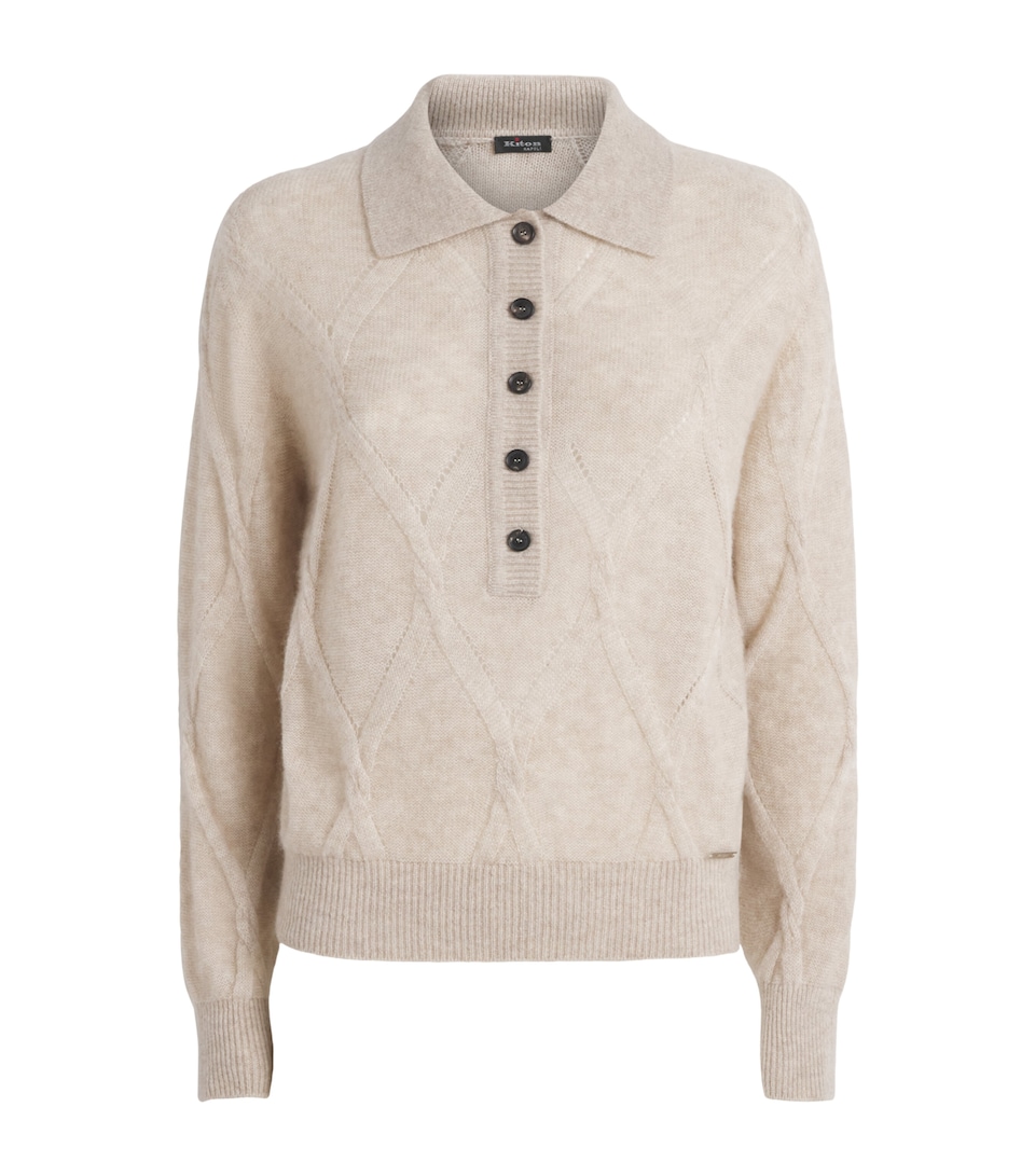 Kiton Womens Cashmere-Silk Pointelle-Knit Polo Shirt Beige
