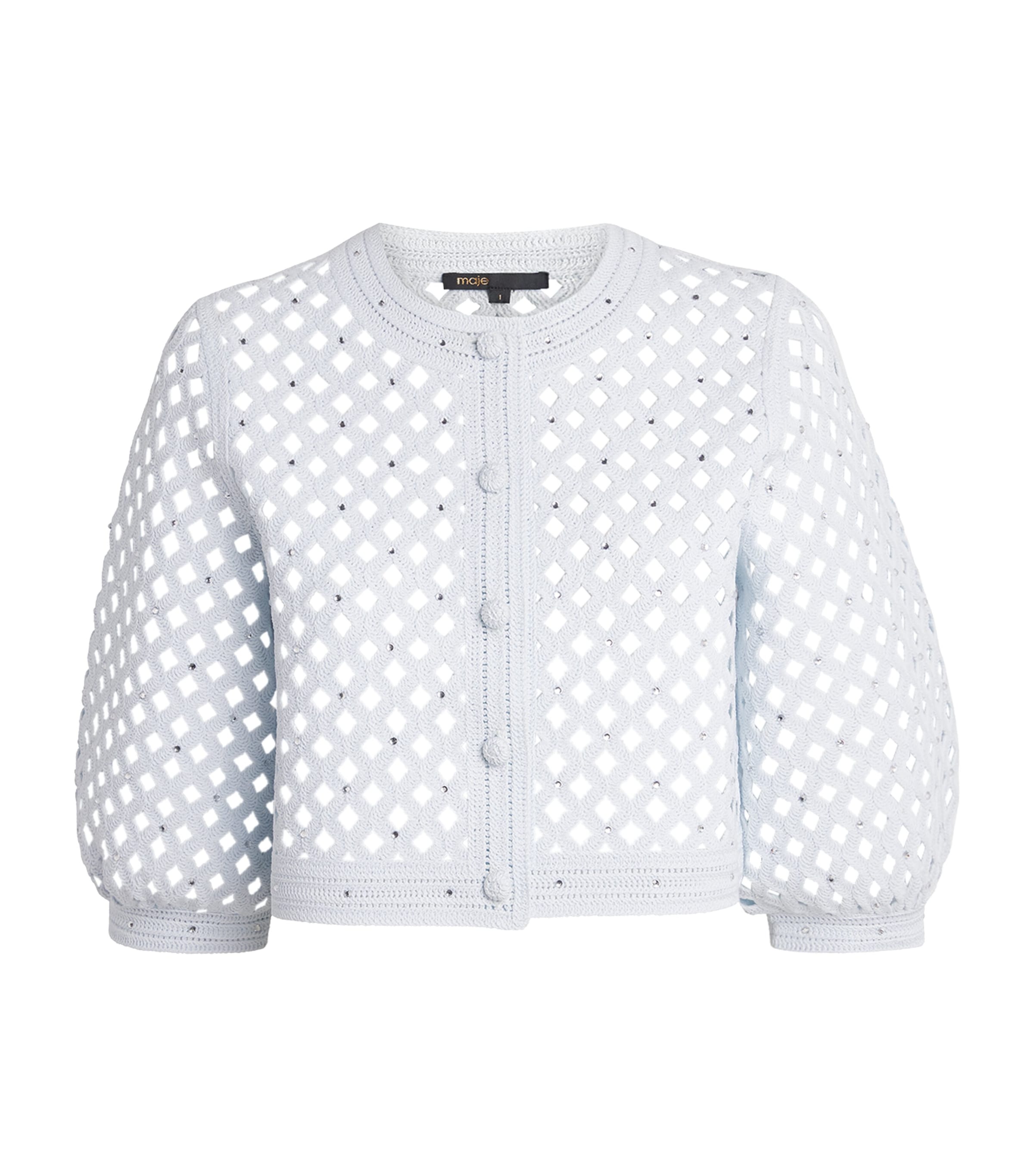 Maje Womens Embellished Crochet Cardigan Blue Sky