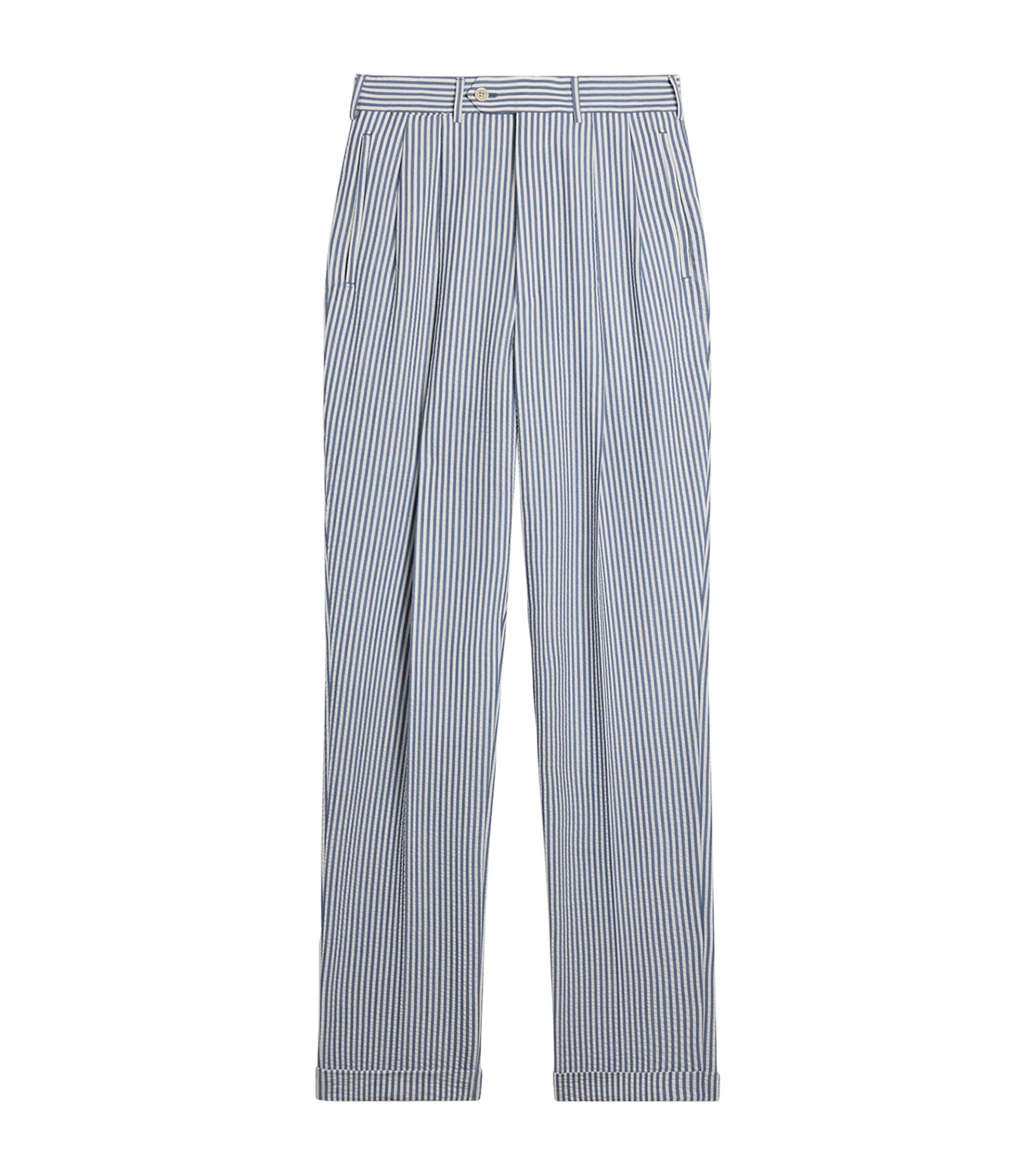 Dunhill Mens Wool-Silk Double-Pleated Stripe Trousers Blue White