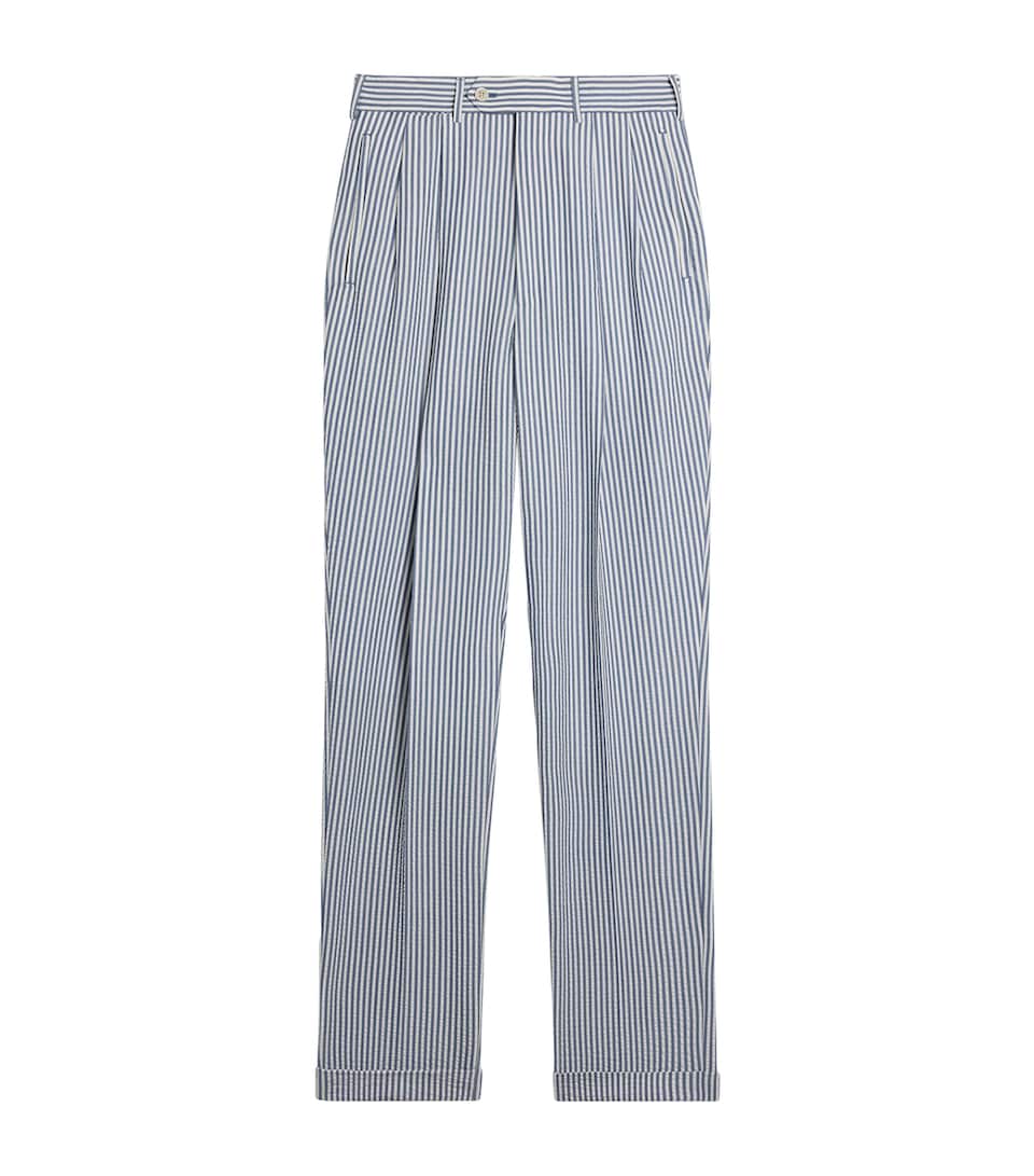 Dunhill Mens Wool-Silk Double-Pleated Stripe Trousers Blue White