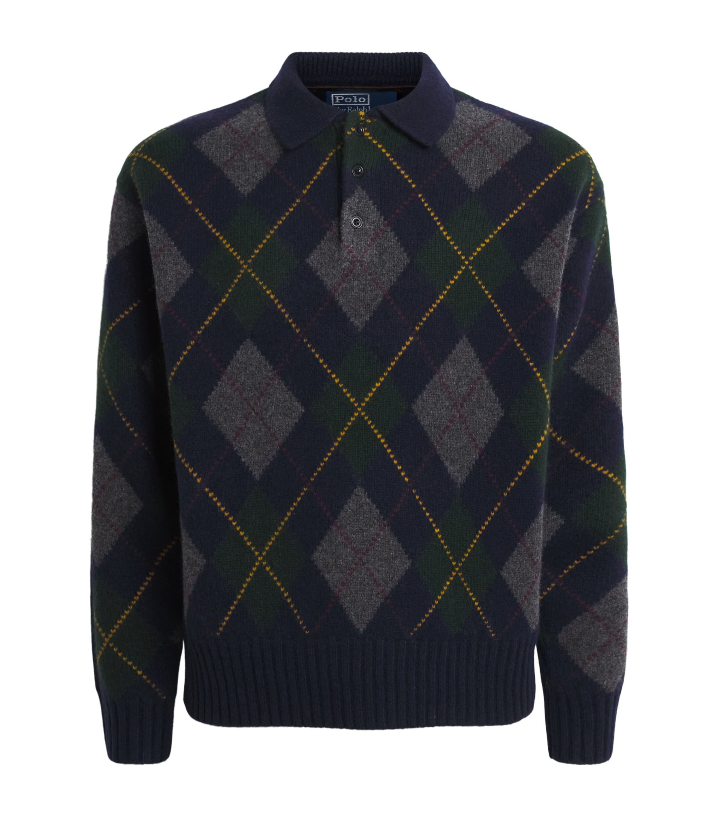 Polo Ralph Lauren Mens Wool-Mohair Argyle Polo Sweater Navy Multi
