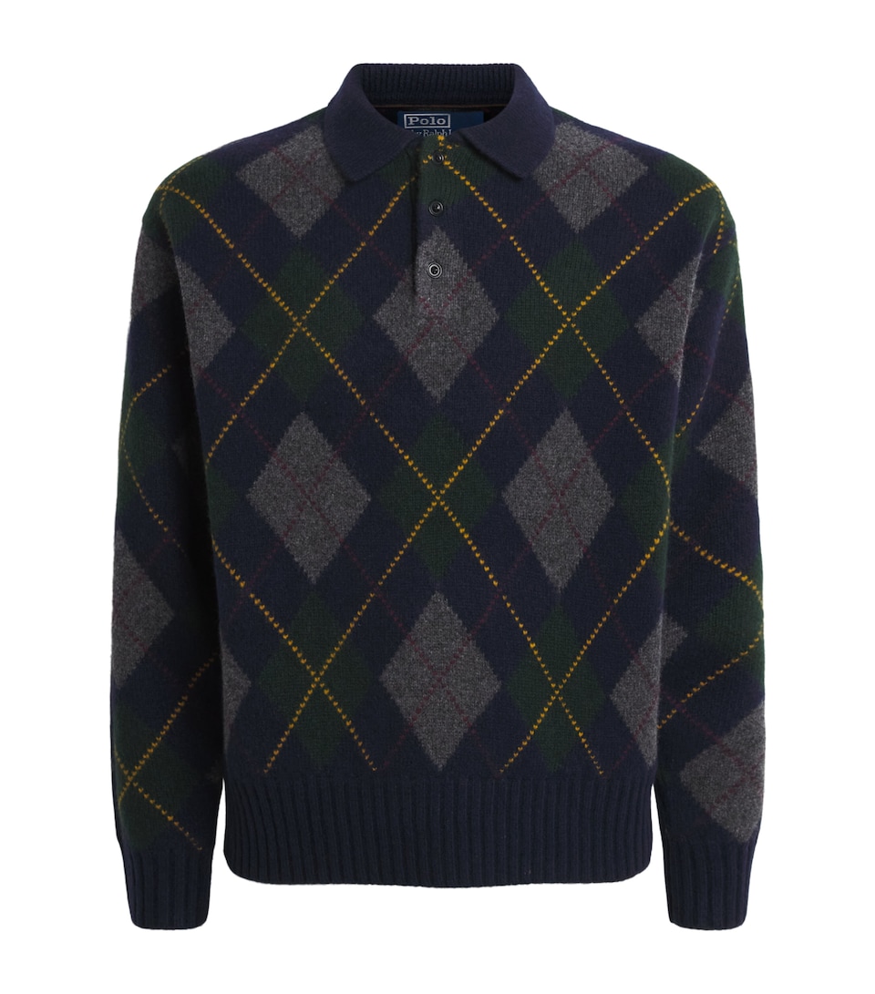 Polo Ralph Lauren Mens Wool-Mohair Argyle Polo Sweater Navy Multi
