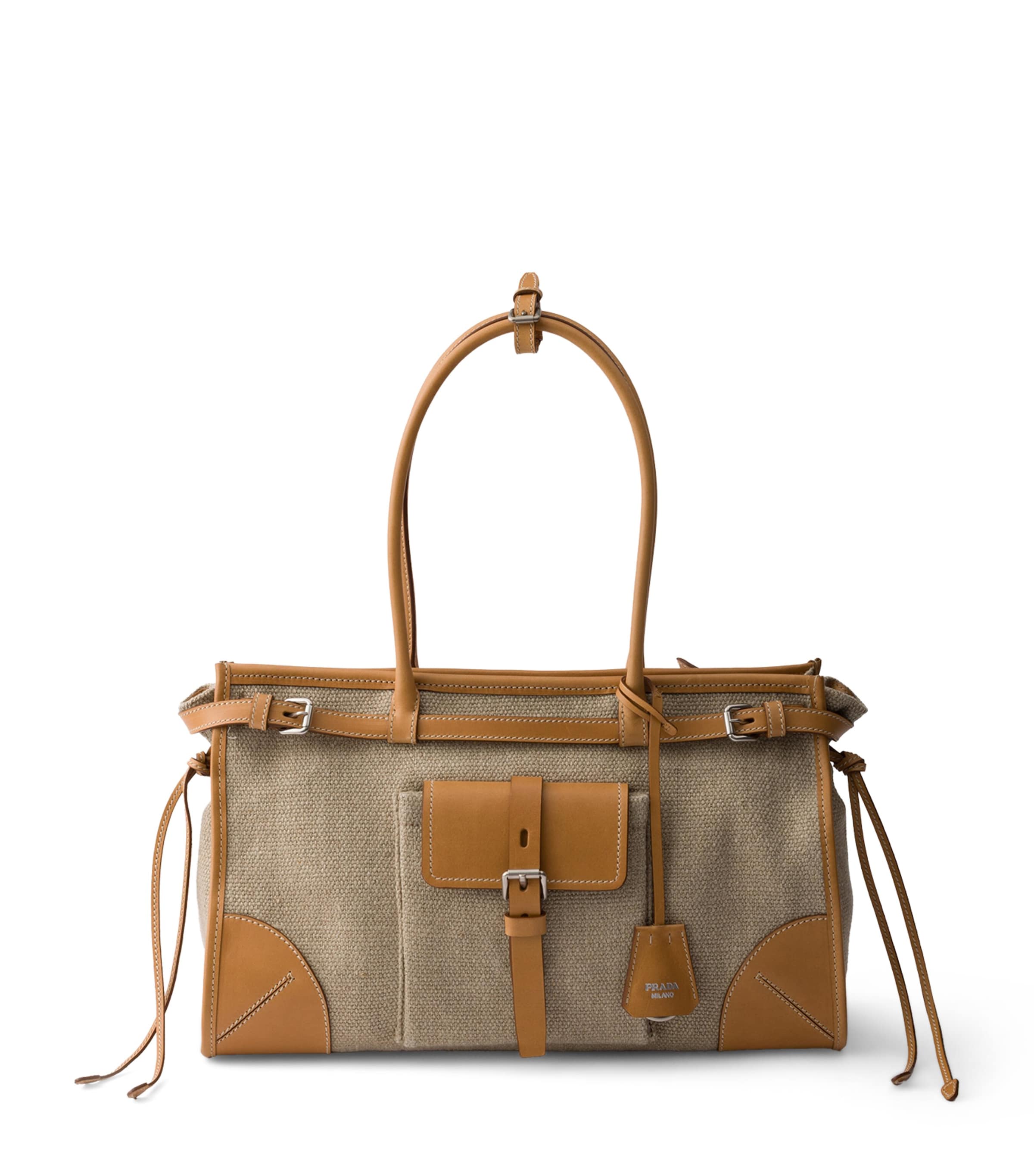 Prada Small Linen Bonnie Shoulder Bag Neutral