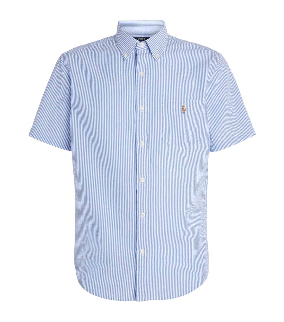 Polo Ralph Lauren Mens Cotton Seersucker Stripe Short-Sleeve Shirt Blue/white