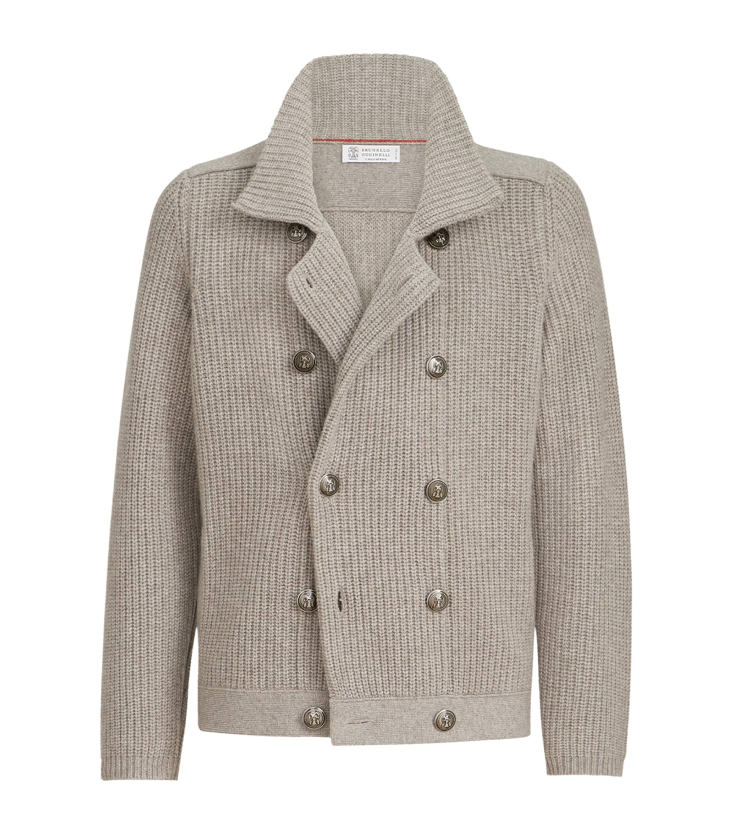 Brunello Cucinelli Mens Cashmere Double-Breasted Cardigan Stone