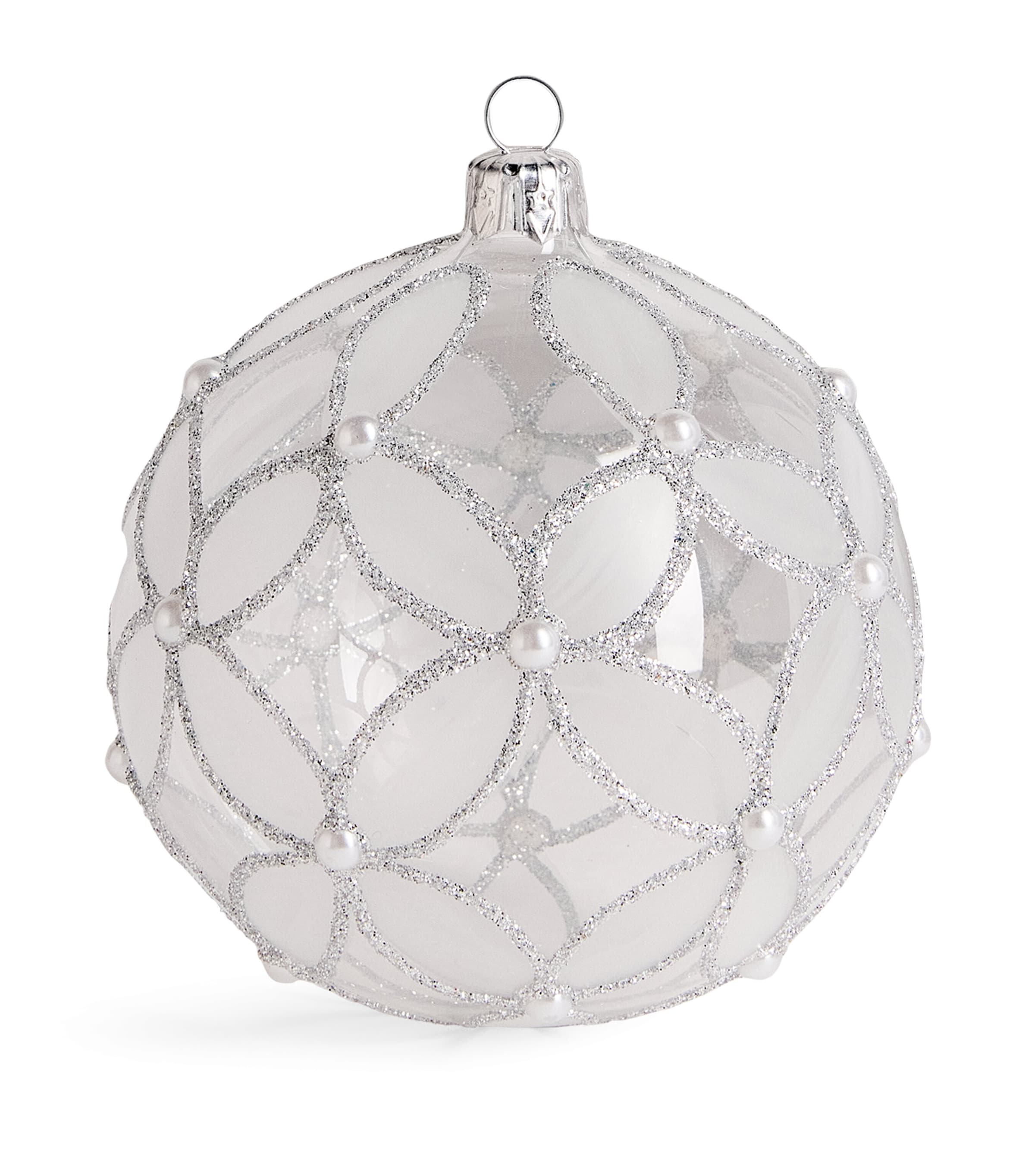 Harrods Glitter and Faux Pearl Flower Bauble Transparent