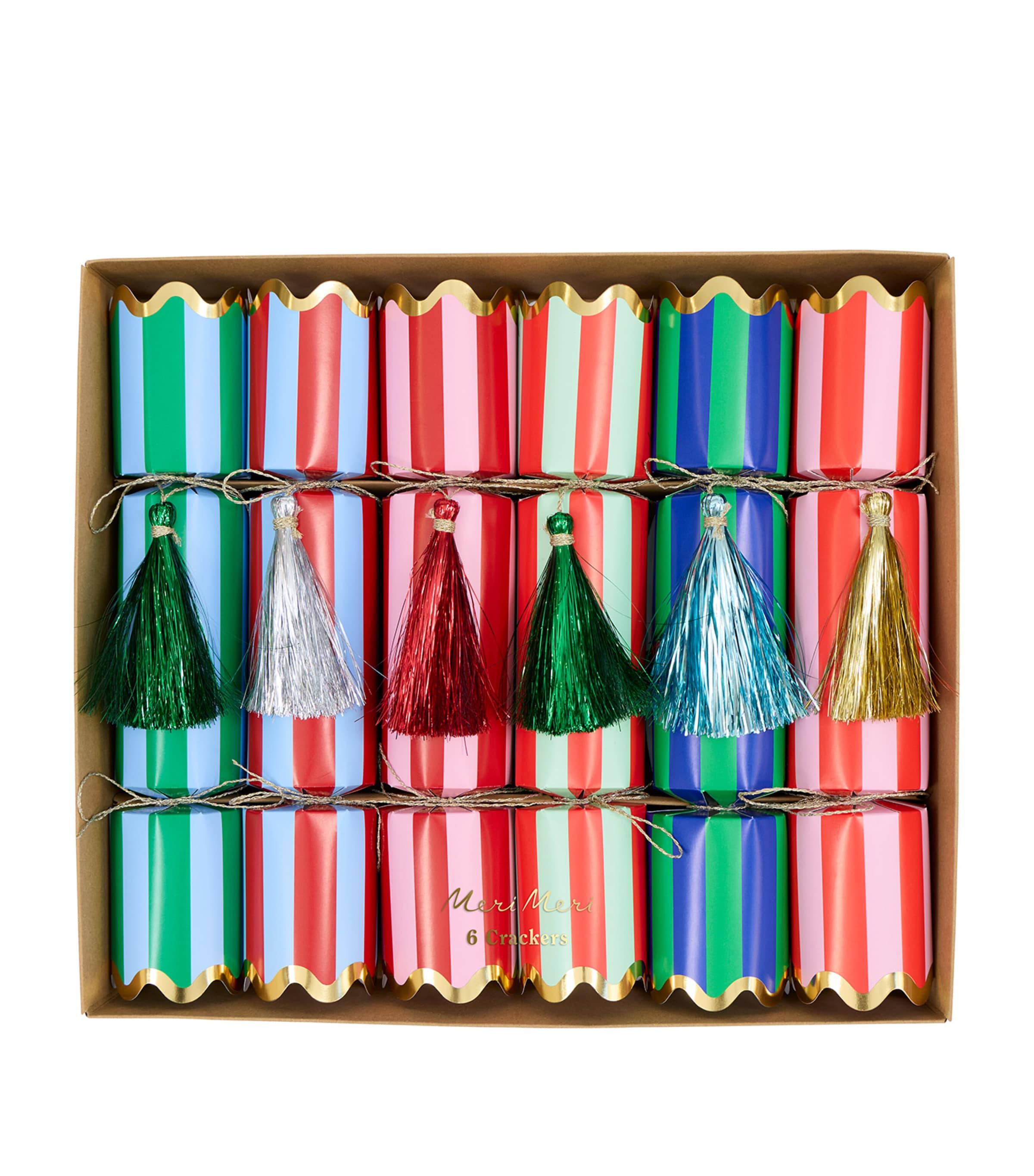 Meri Meri Stripe Tinsel-Tassel Christmas Crackers (Set of 6) Multicolored