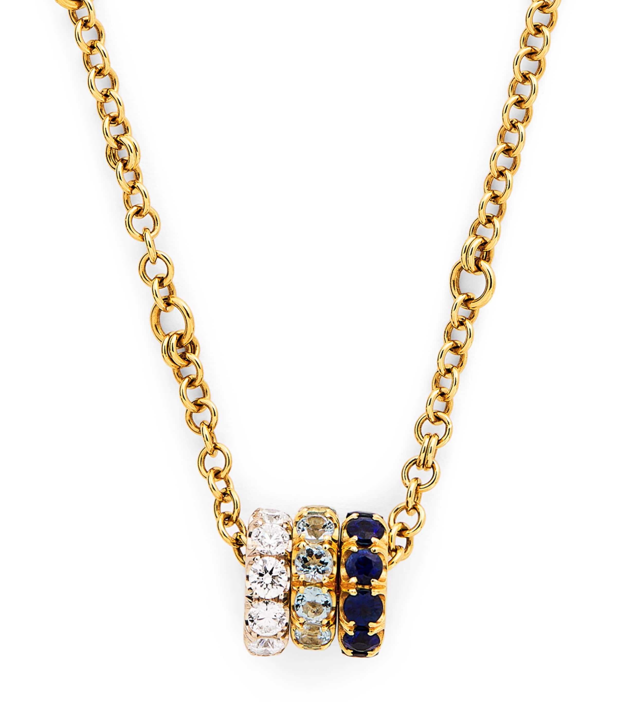 Yellow Gold, Diamond, Sapphire and Aquamarine Chain Necklace