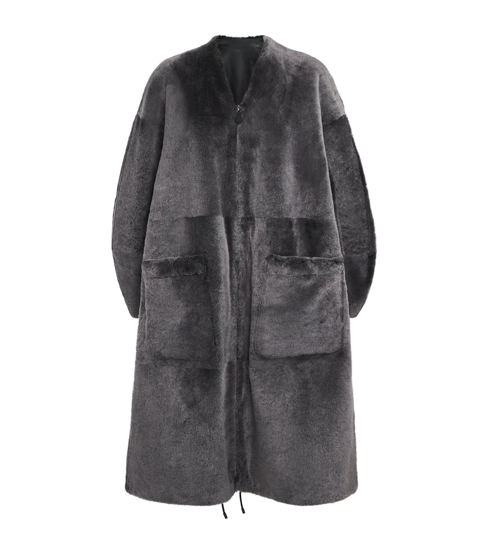 Max Mara Womens Shearling Reversible Coat Medium Grey