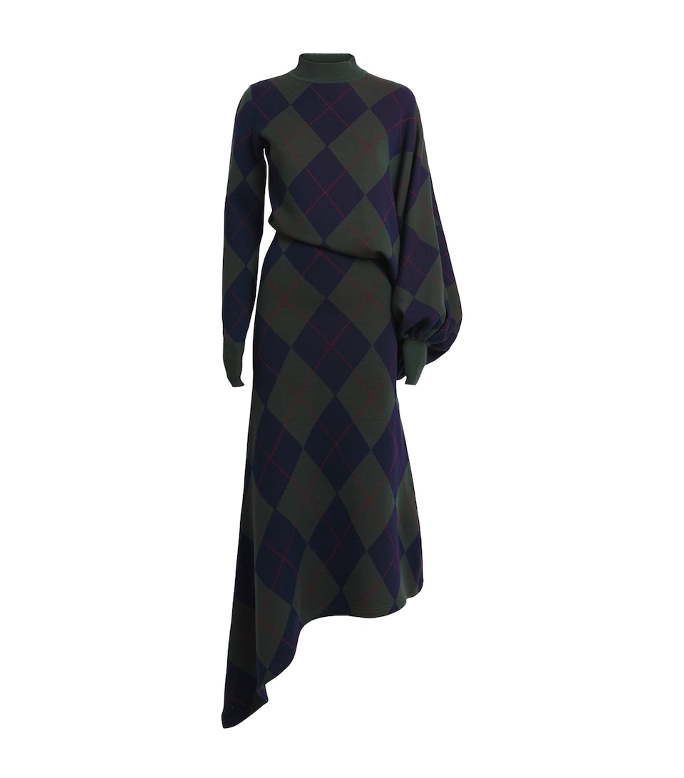 A.W.A.K.E. Mode Womens Merino Wool Argyle Midi Dress Navy/green Argyle