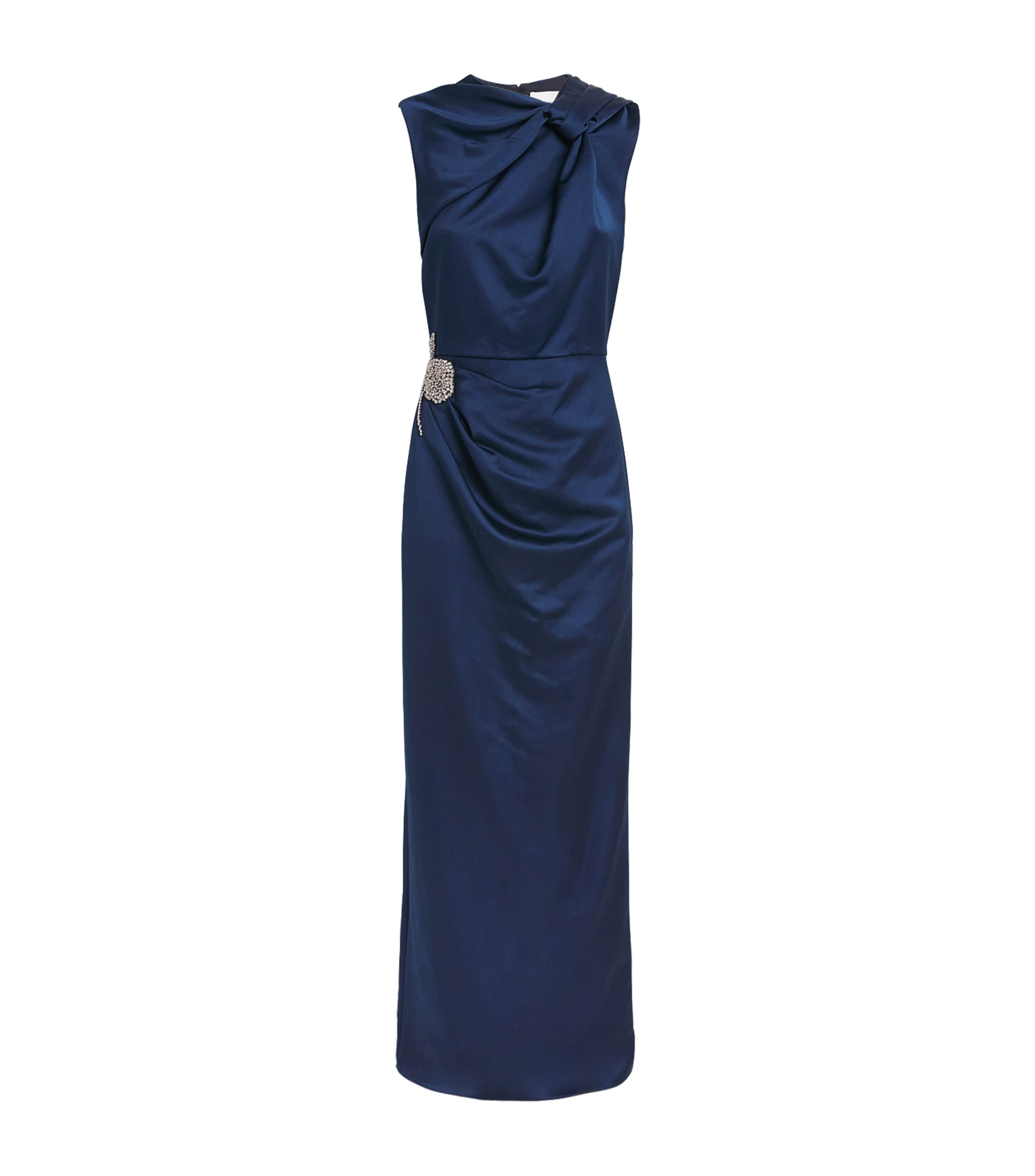 Erdem Womens Embroidered Satin Pencil Gown Navy