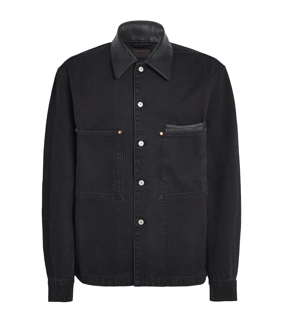 Lemaire Mens Leather-Collar Workwear Denim Overshirt Black