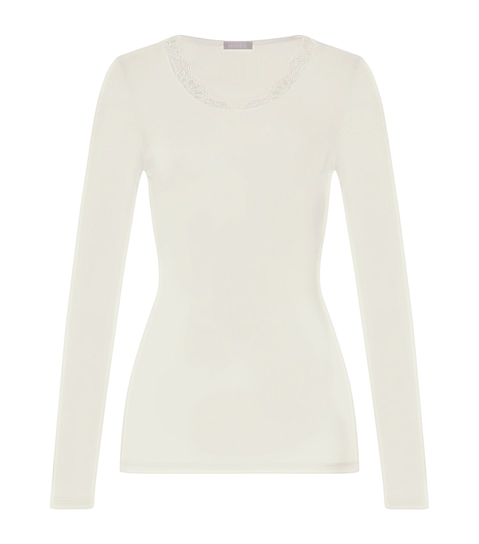 Hanro Womens Wool-Silk Long-Sleeve T-Shirt Misty White