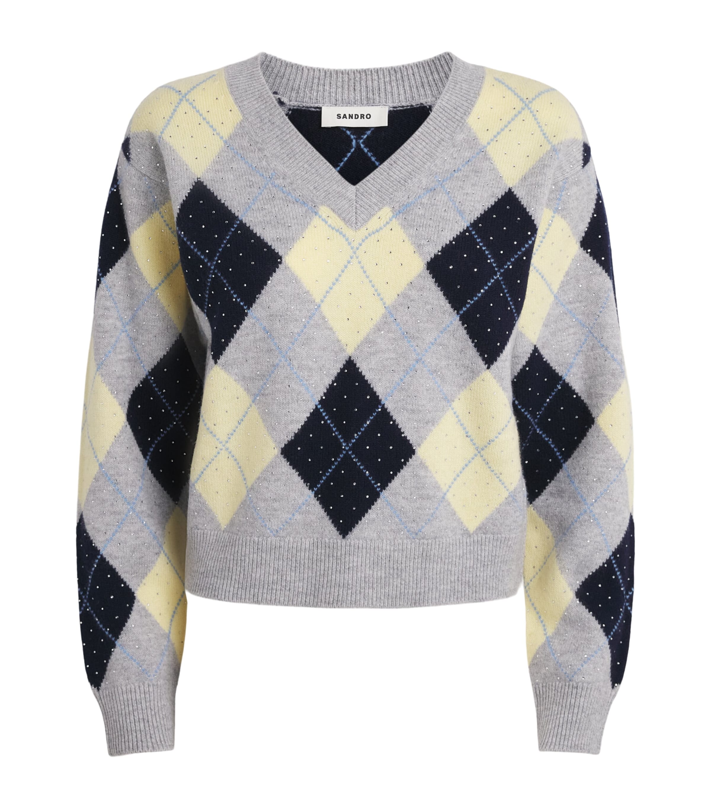 Sandro Paris Womens Wool Embellished Argyle Sweater Grey / Yellow