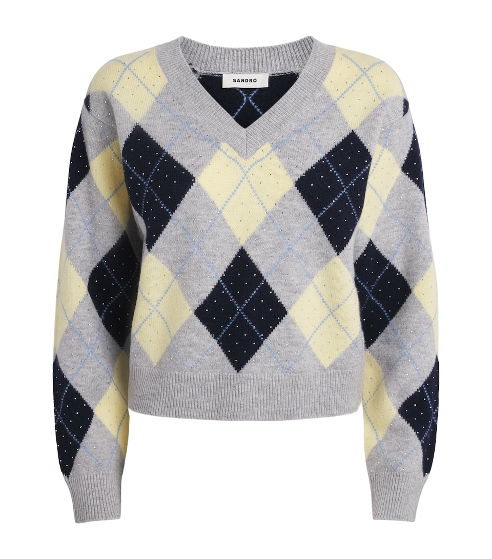 Sandro Paris Womens Wool Embellished Argyle Sweater Grey / Yellow