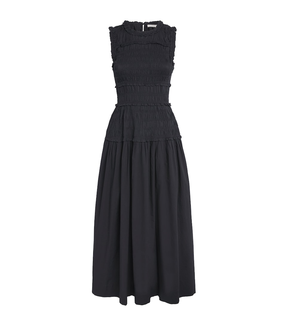 DÔEN Womens Organic Cotton Shirred Mallory Midi Dress Black