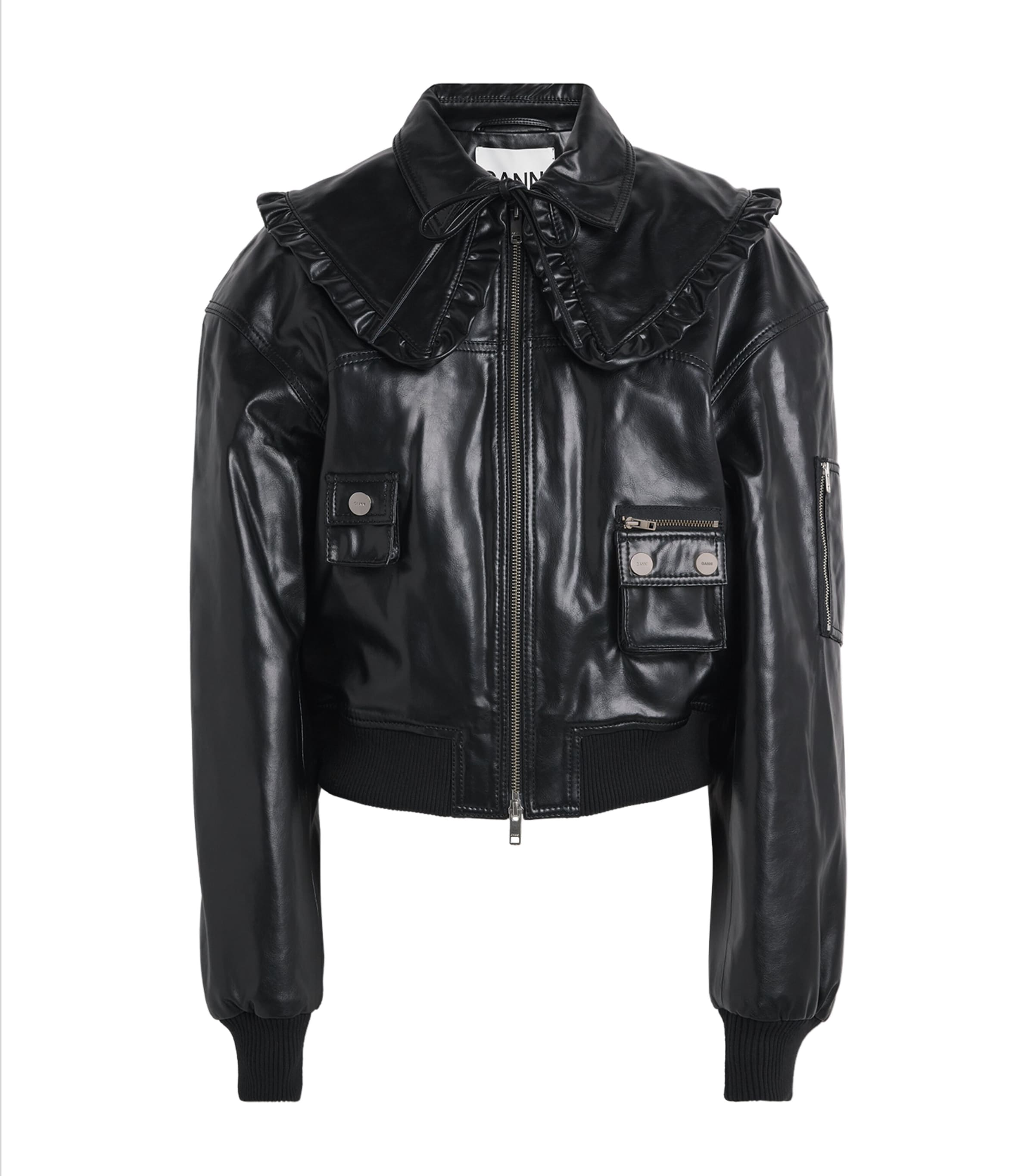 Recycled Ruffled-Collar Leather Jacket