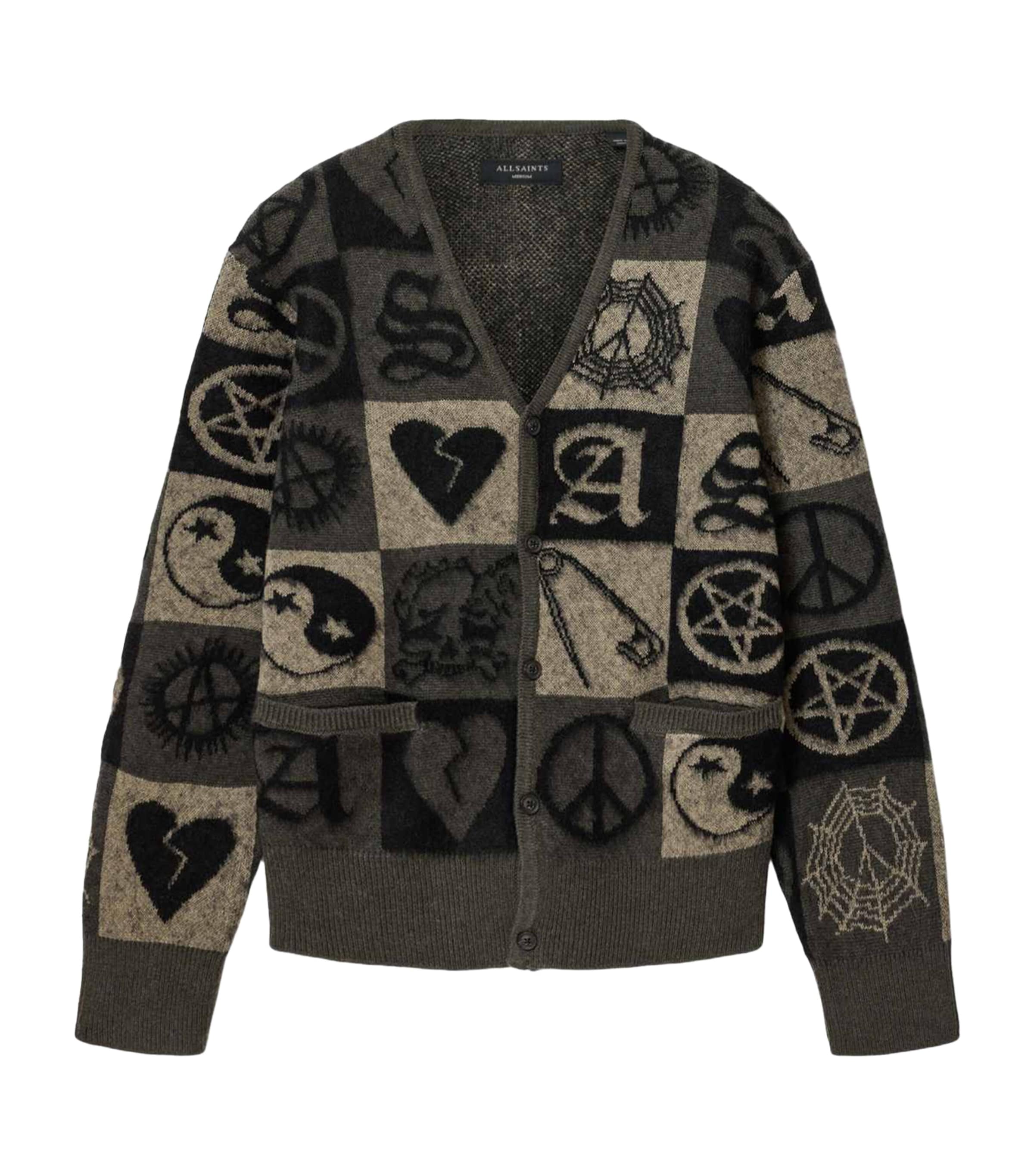 AllSaints Mens Jacquard Travis Cardigan Olive Green/black