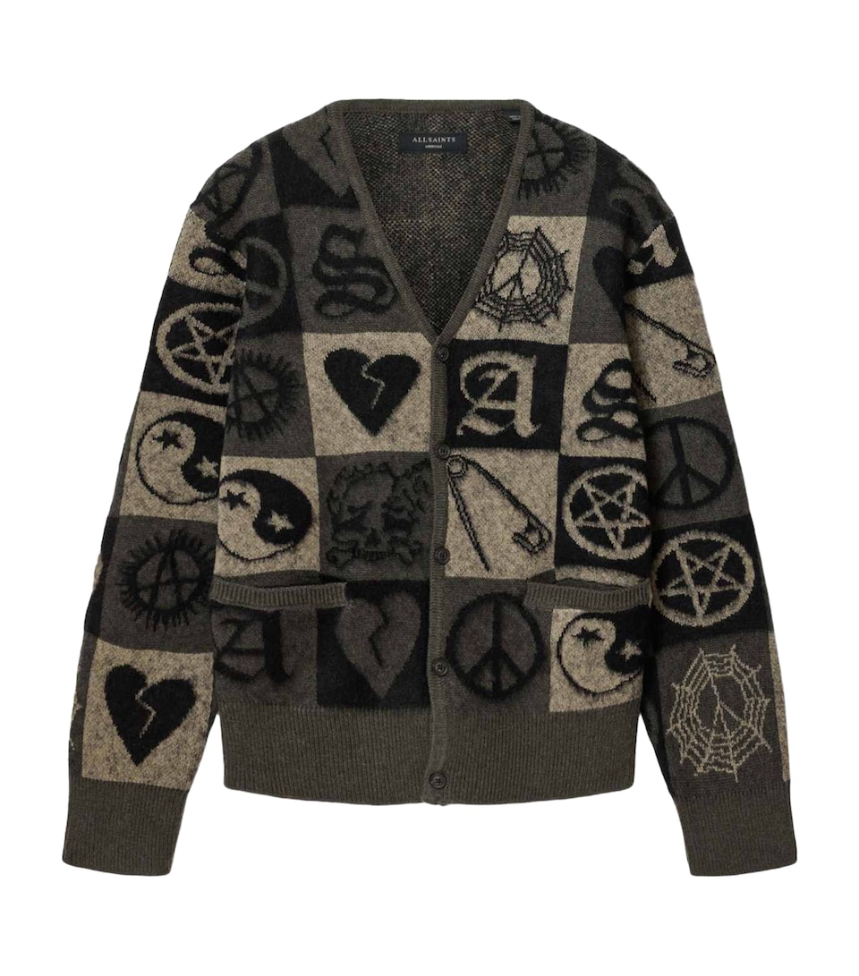 AllSaints Mens Jacquard Travis Cardigan Olive Green/black