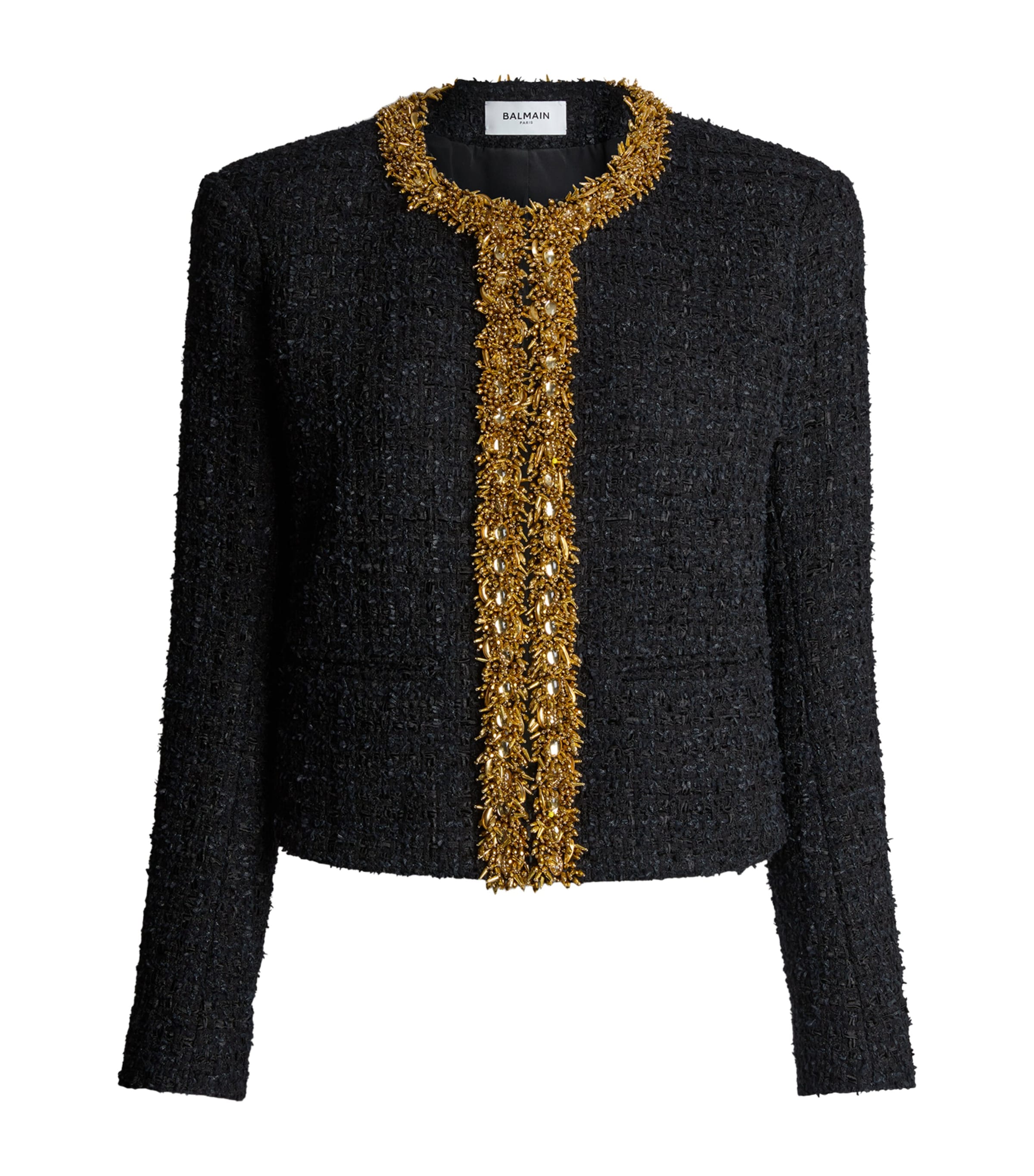 Balmain Womens Tweed Beaded-Trim Blazer Ead Noir Or