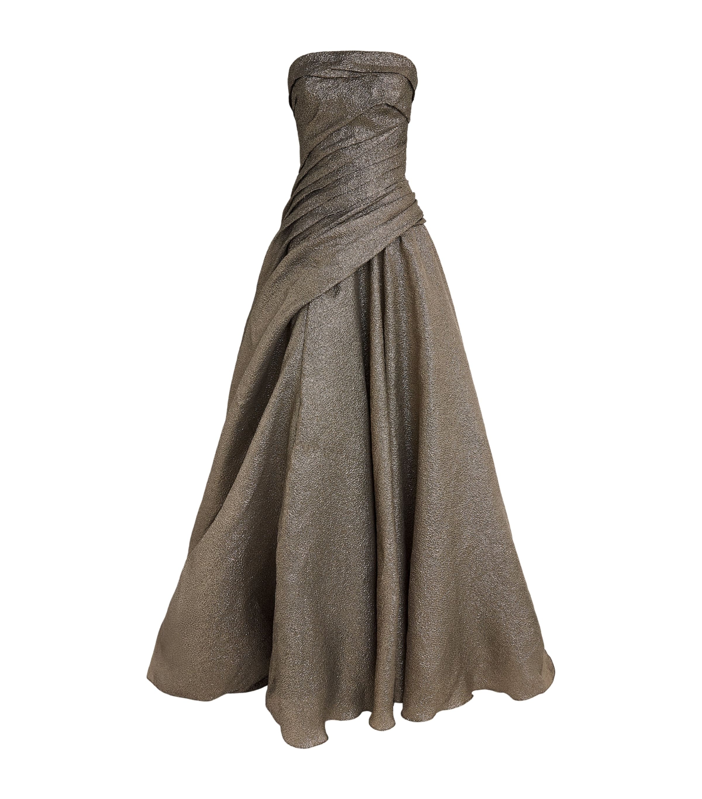Marmar Halim Womens Metallic Strapless Draped Gown Olive Green