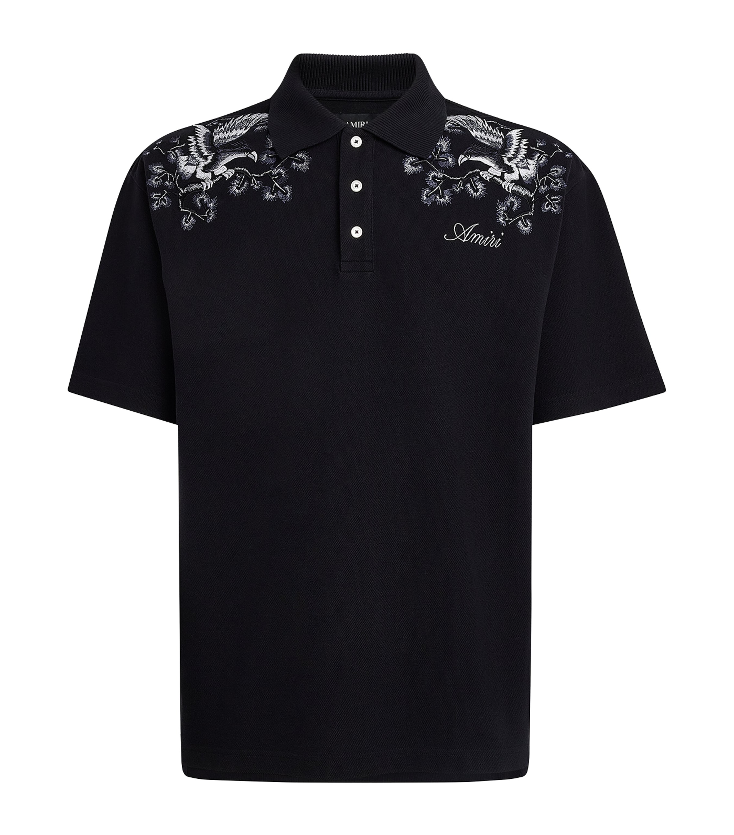 AMIRI Mens Cotton Floral-Embroidered Polo Shirt Black