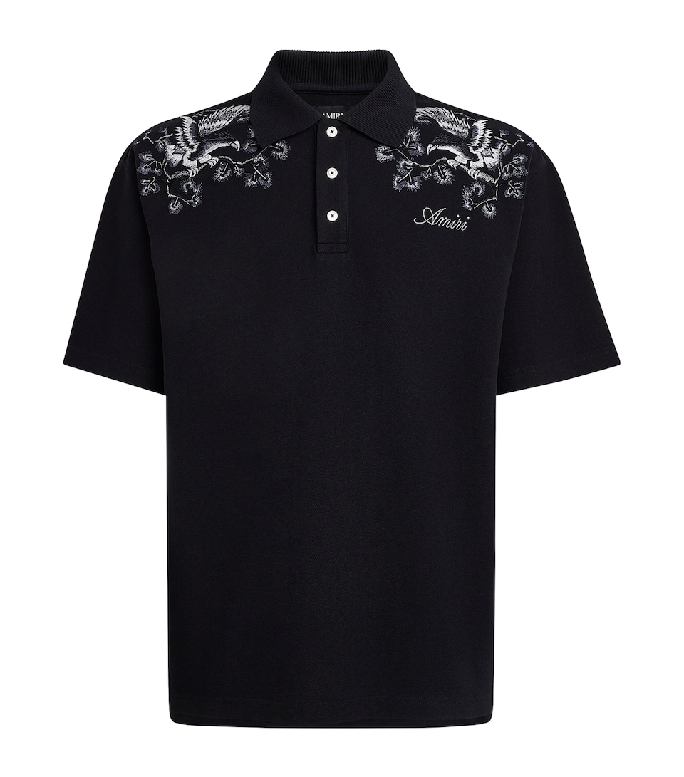 AMIRI Mens Cotton Floral-Embroidered Polo Shirt Black