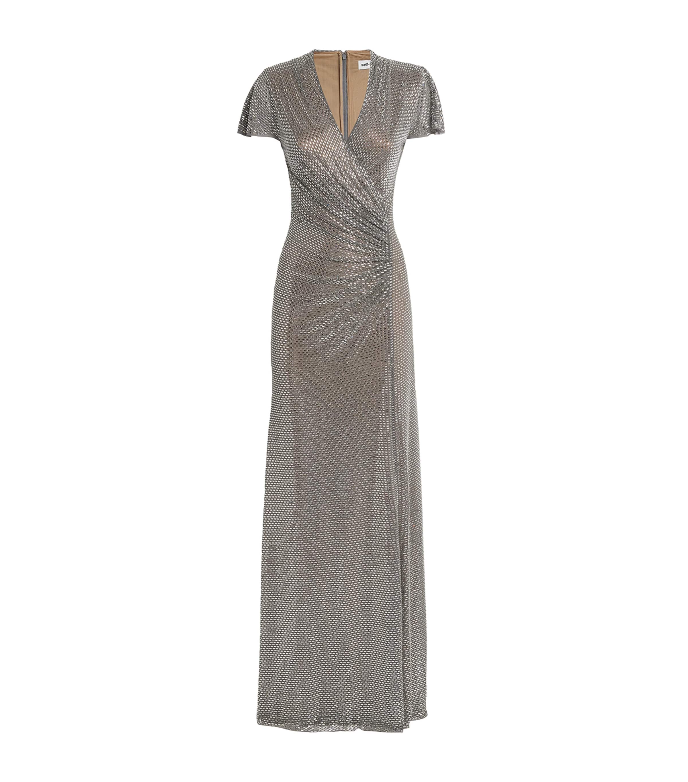 Self-Portrait Womens Rhinestone Wrap Maxi Dress Grey