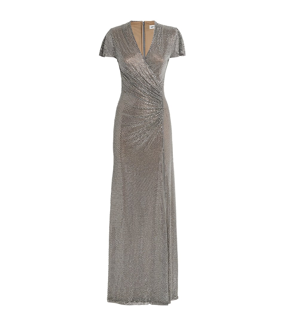 Self-Portrait Womens Rhinestone Wrap Maxi Dress Grey