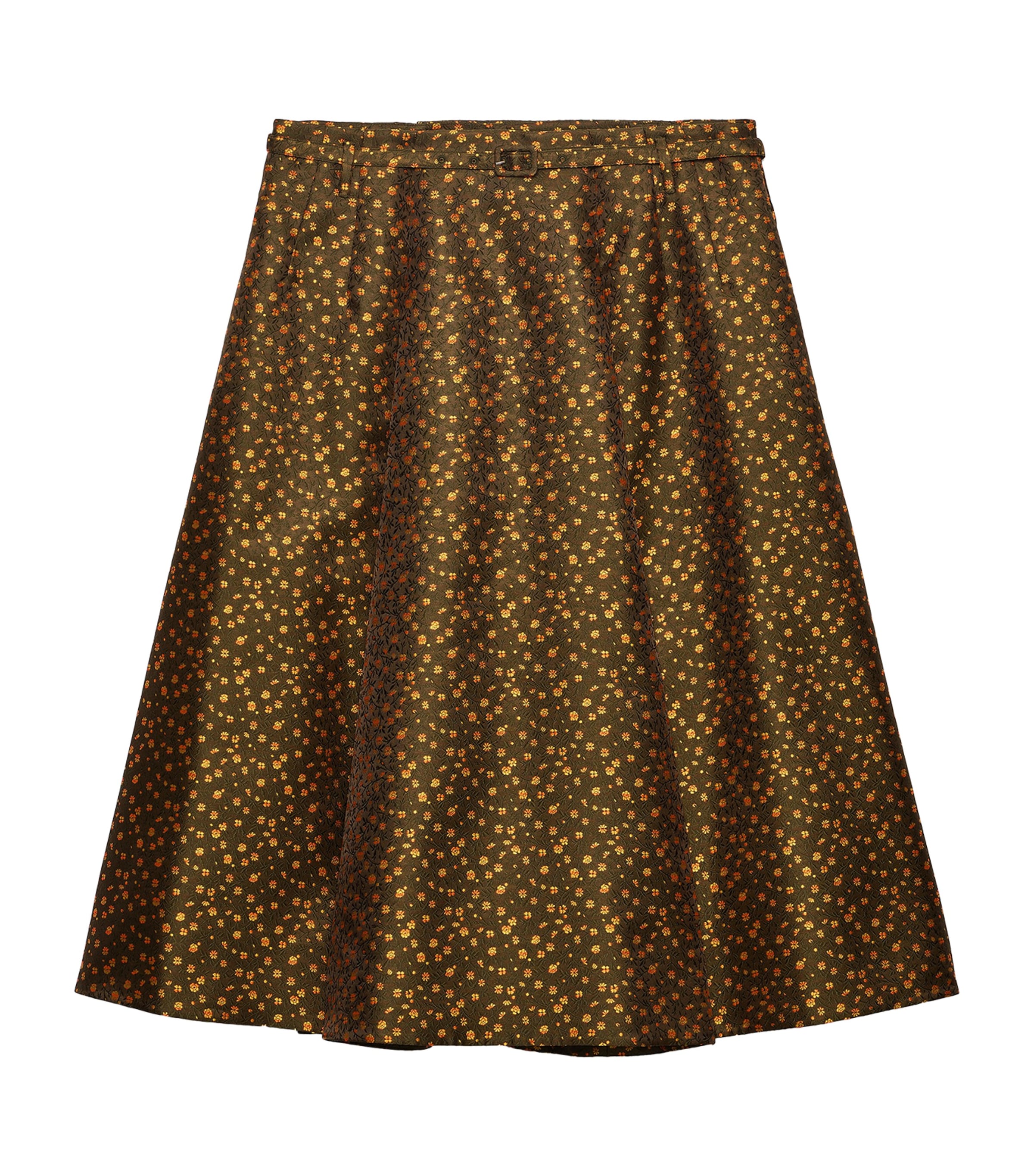 Prada Womens Floral Jacquard Pleated Midi Skirt Green